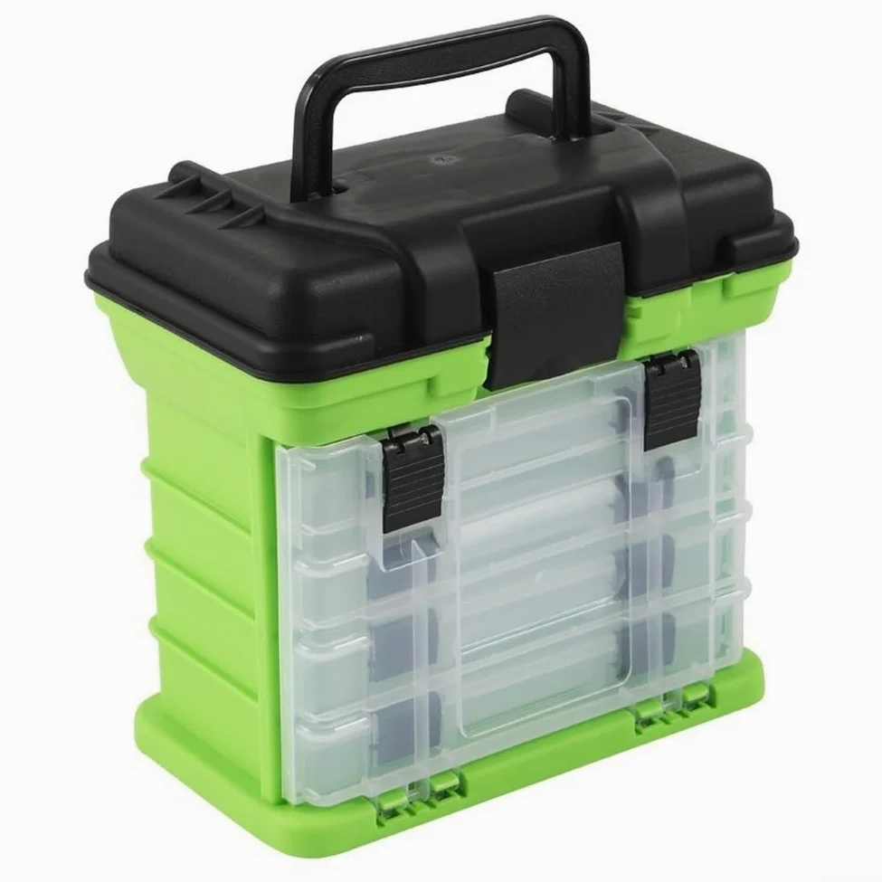 Caja de aparejos de pesca de cuatro capas con 4 bandejas extraíbles y separadores ajustables, organizador portátil para anzuelos, carretes, herramientas, equipo al aire libre, rojo (verde)