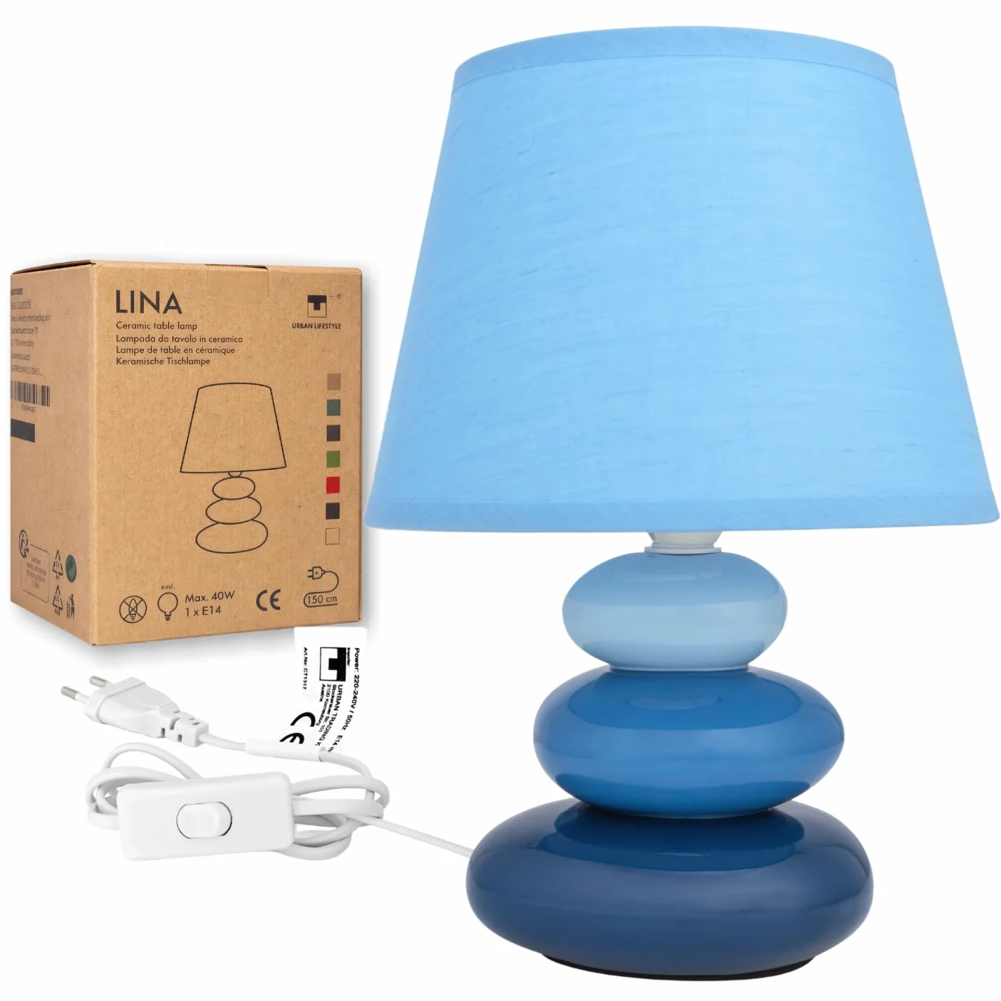 Lámpara mesita noche azul cerámica pantalla tela E14 230V LED