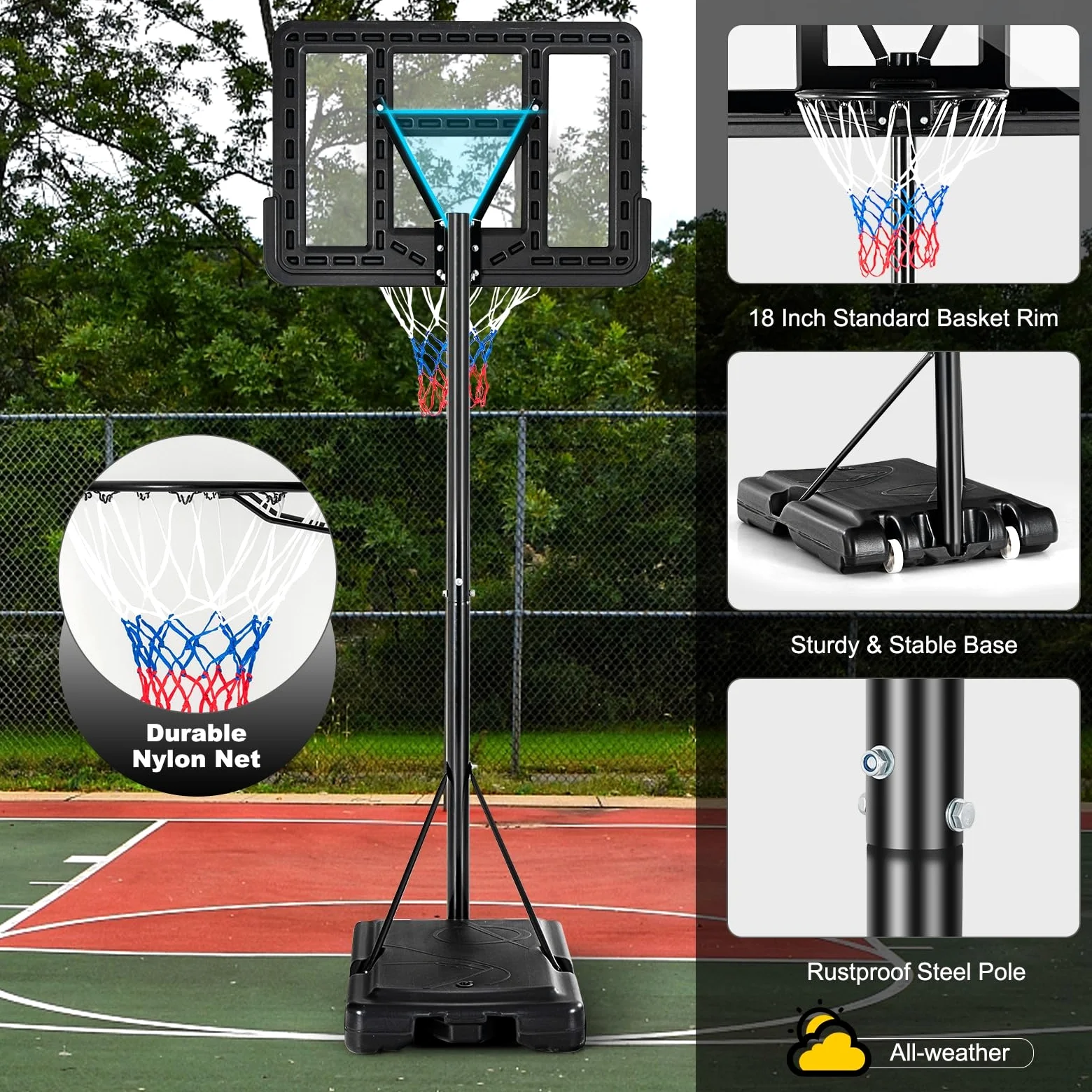 LIFEZEAL Canasta de Baloncesto al Aire Libre para Adolescentes y Adultos, Canasta de Baloncesto Portátil con Tablero y Red, Altura Ajustable de 1,3M a 3,05M