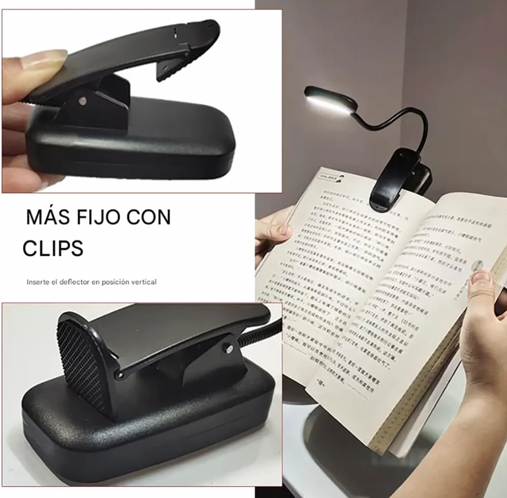 Lámpara portátil de lectura con pinza LED 5 luces, cuello flexible 360º, para noche cama escritorio infantil