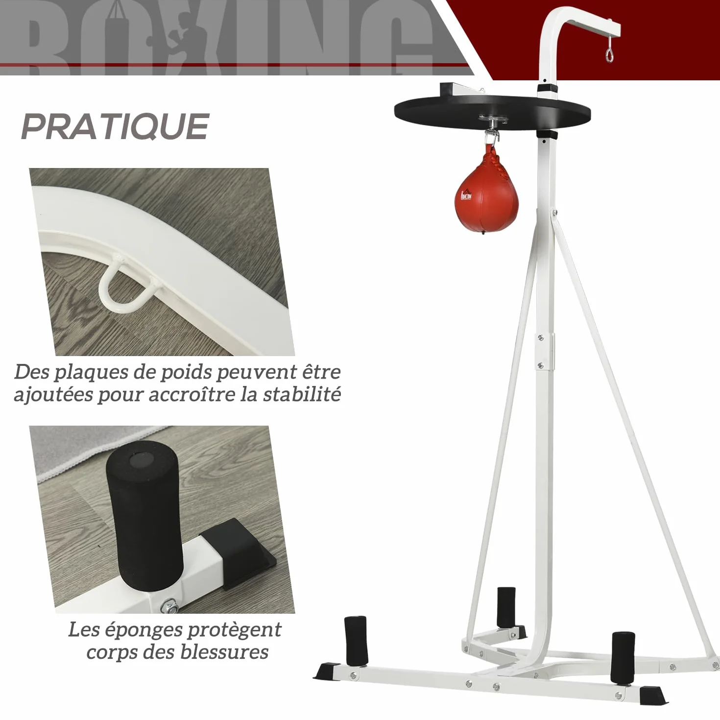 HOMCOM Soporte para saco de boxeo sobre pies autoportantes 2 en 1 con bulbo de velocidad regulable en altura plato redondo, robusto equipo de entrenamiento de acero para el hogar blanco