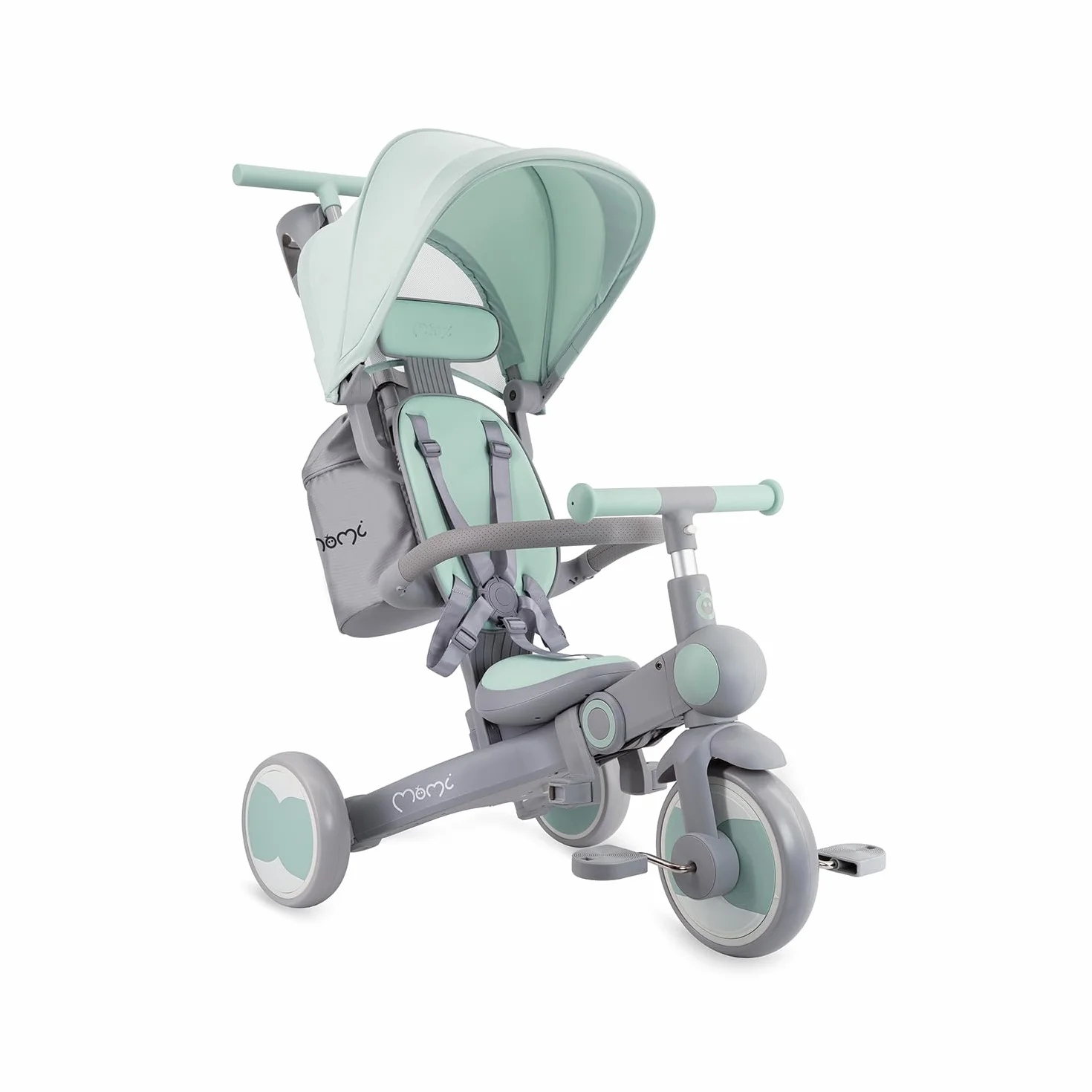 Triciclo Infantil MoMi 4 en 1 SOLIVIA con Mango telescópico, arnés de 5 Puntos, para niños a Partir de 12 Meses, con Capota Que Protege del Sol, Ruedas de PU, Bolsa y portavasos