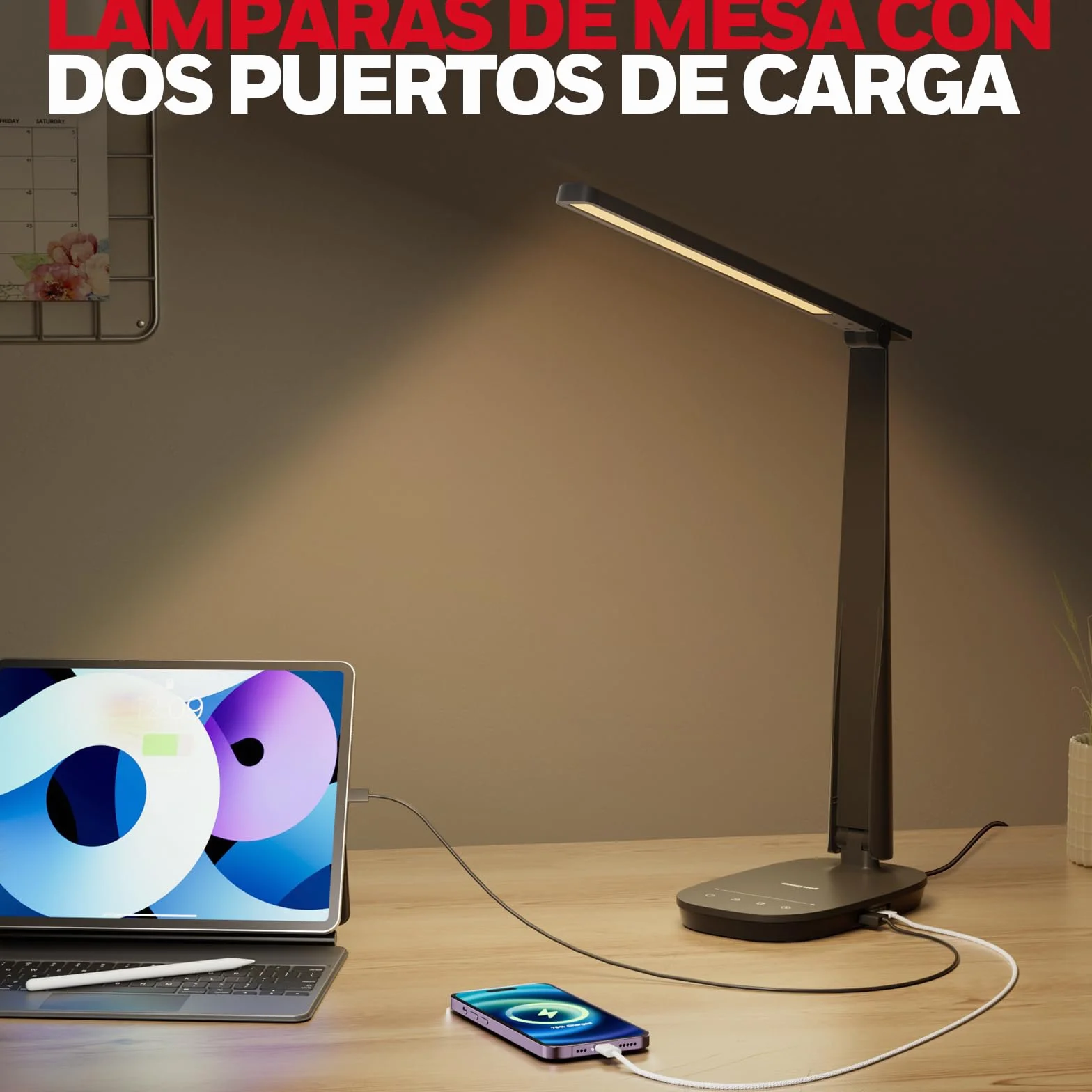 Honeywell HWT-H2 Lámpara de Escritorio LED, Luz de Espectro Completo CRI94, Lámpara de Mesa Regulable con Puertos USB-A y USB-C, Control Táctil, Lámpara Plegable para Oficina, Lectura y Estudio, Negro