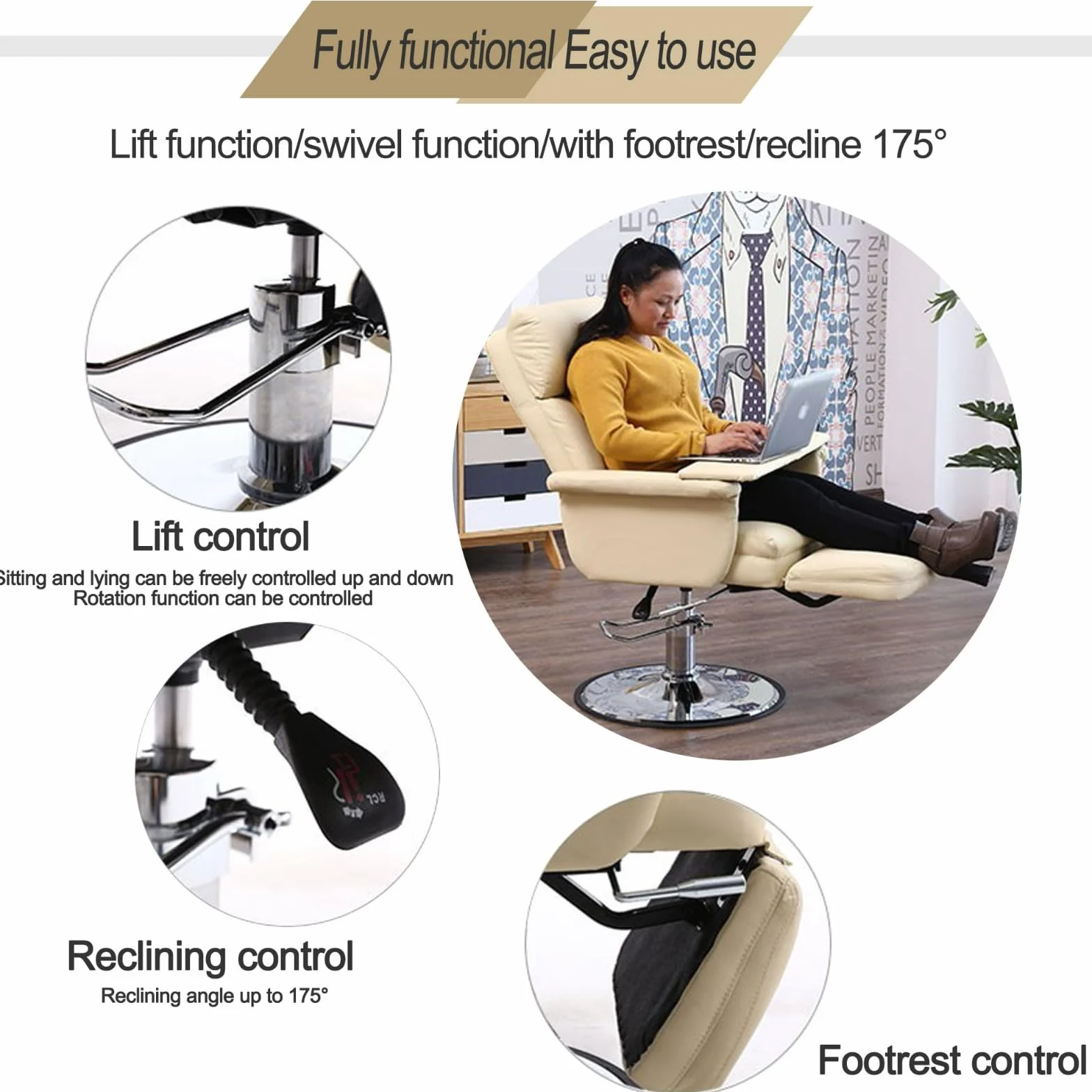 Silla de Belleza Hidráulica Camilla Estética Ajustable Multifuncional Reclinable para Masaje Tatuaje Pedicura Beige