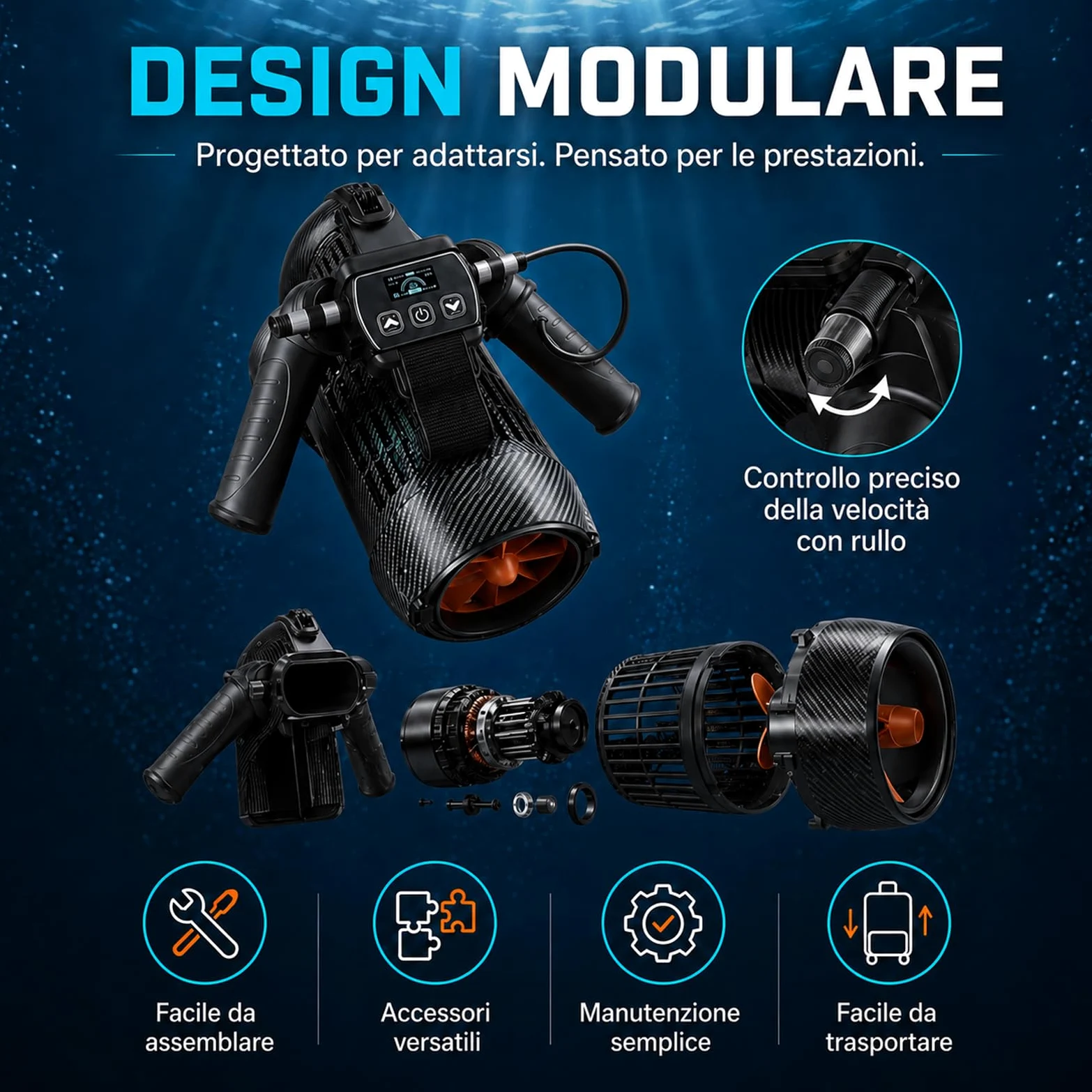 Sea Scooter 650W, Velocidad 7 km/h y Profundidad 40 m, Empuje Potente para Entrenamiento en Piscina Adultos, Snorkel, Equipo de Buceo y Alternativa a Flotadores de Piscina