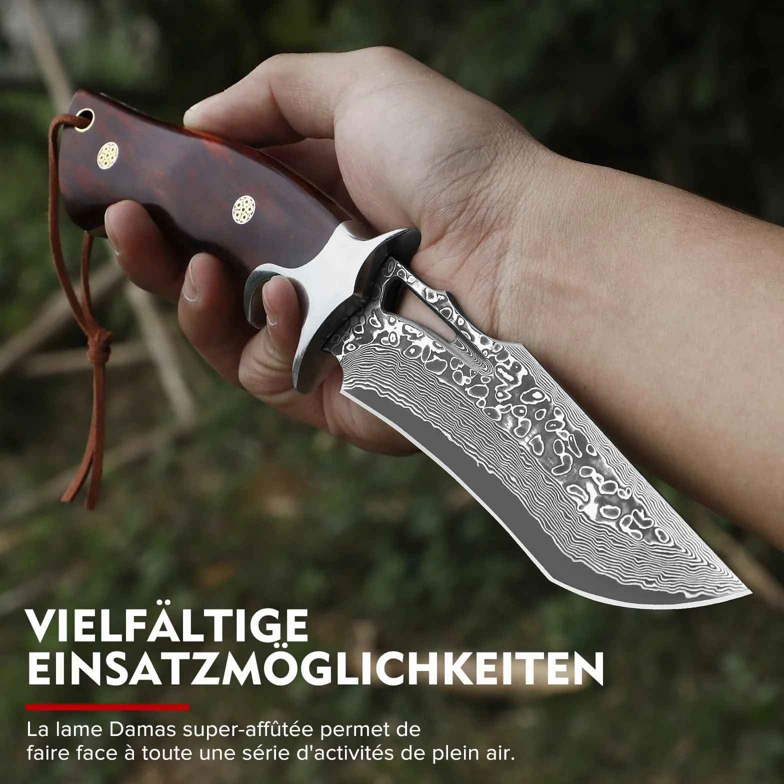 Omesio Cuchillo de Supervivencia Damasco Acero Hoja Funda Incluida Mango Madera Estilo Japonés