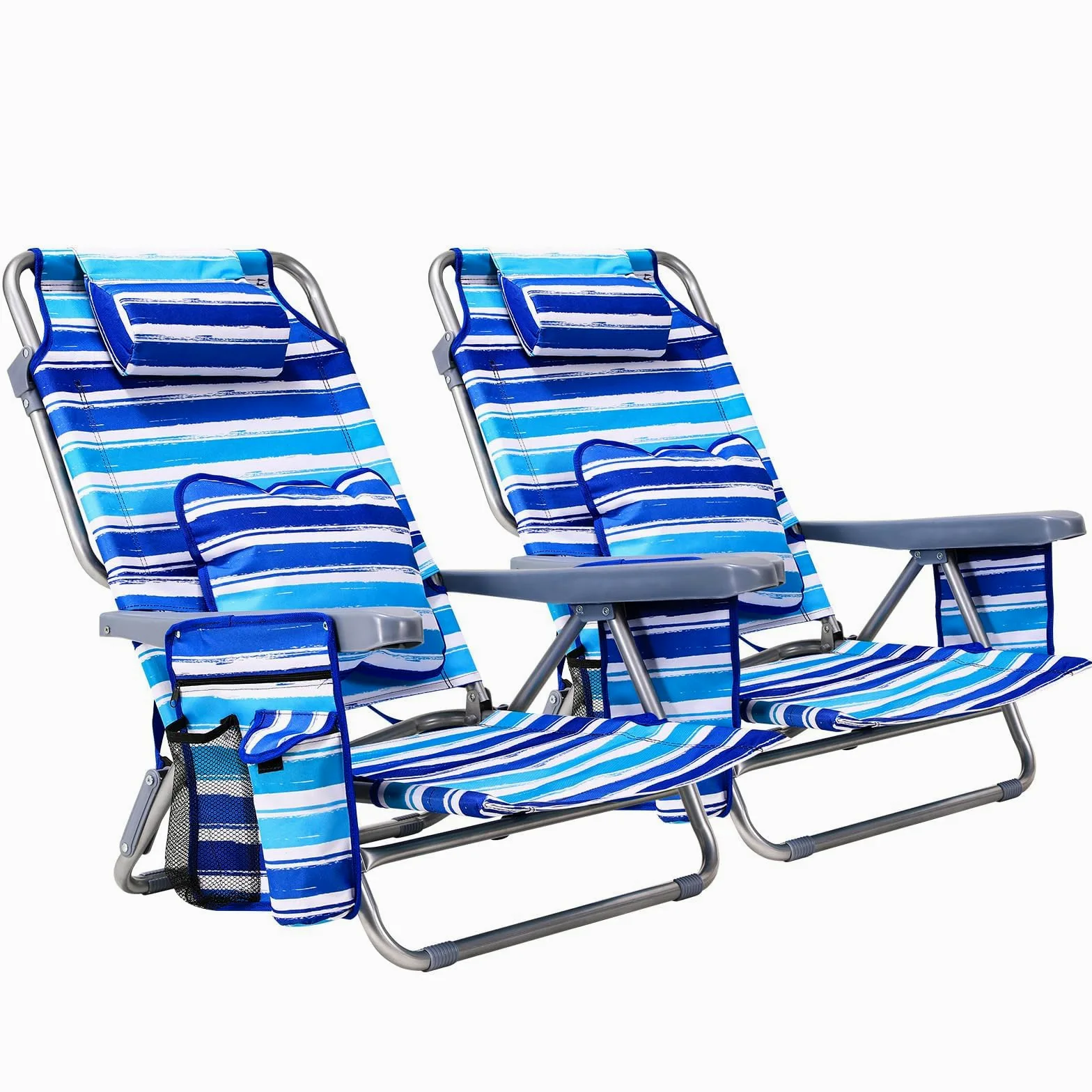 LIFERUN Silla De Playa,Set 2,Plegable,Reclinable,Diseño de Mochila,Azul | Respaldo 4 Posiciones,Carga 140kg,Oxford,Hierro,Bolsillo Térmico,Cojín Lumbar,Reposacabezas,Playa,Jardín,Camping,Festival