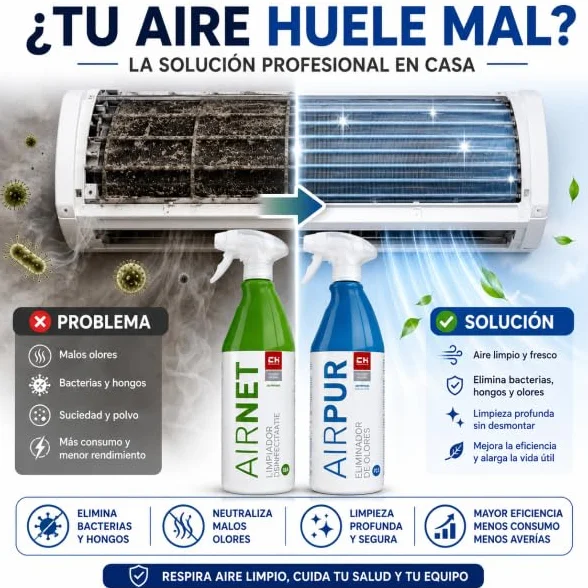 Bilake Pack AIRNET + AIRPUR Limpiador de Aire Acondicionado Spray 750ml Elimina Bacterias Hongos Malos Olores