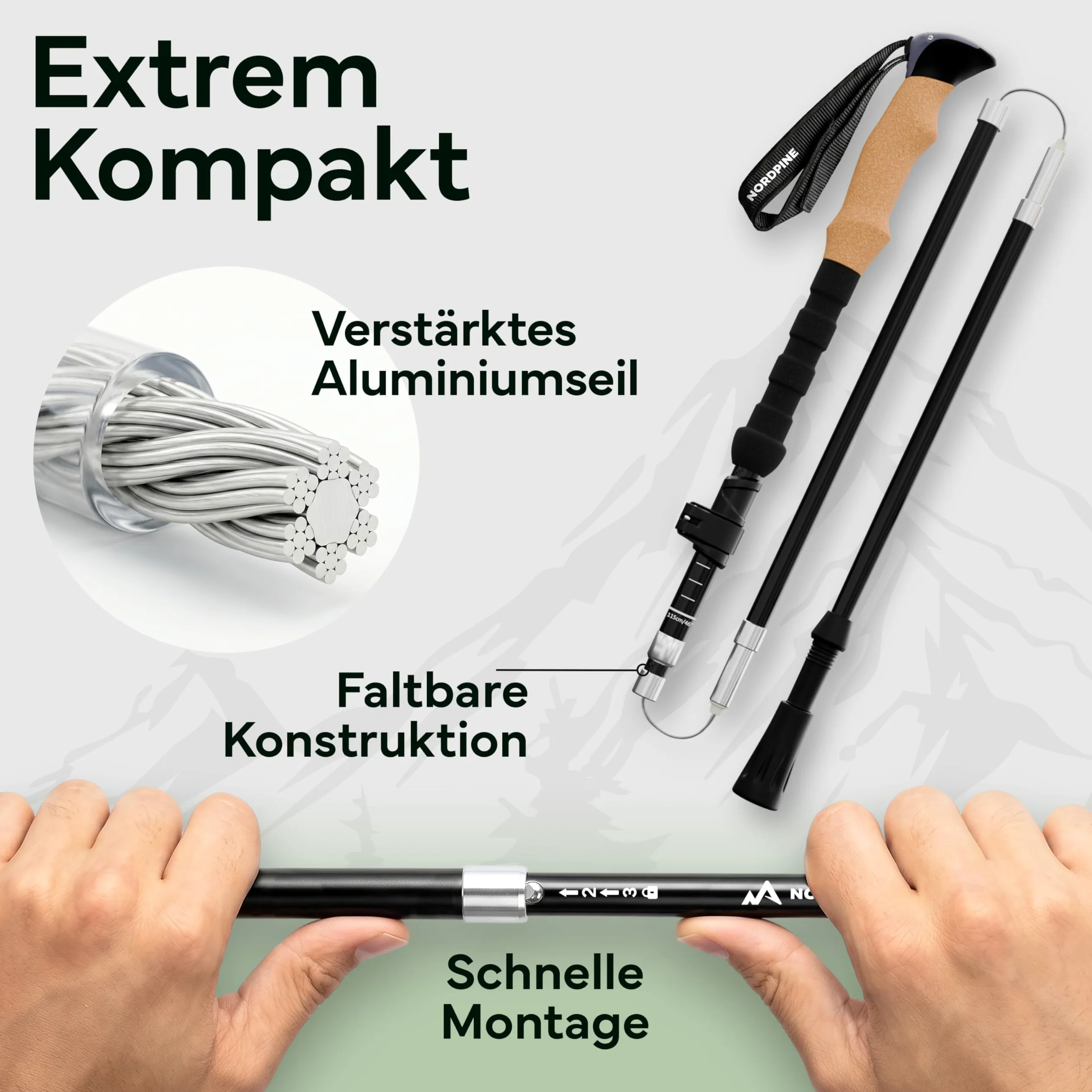 Bastones de senderismo plegables – carbono y aluminio para hombre y mujer – Bastones de trekking ultraligeros con mango de corcho y punta de tungsteno – Bastones de marcha nórdica con tope de goma