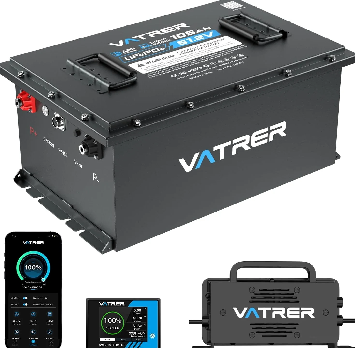 VATRER POWER Batterie LiFePO4 51,2V 105Ah Voiturette Golf, Écran Tactile | App Bluetooth · BMS inteligente de 200 A ·Compatible con Club Car, EZGO, Yamaha, Garia, Melex e Italcar