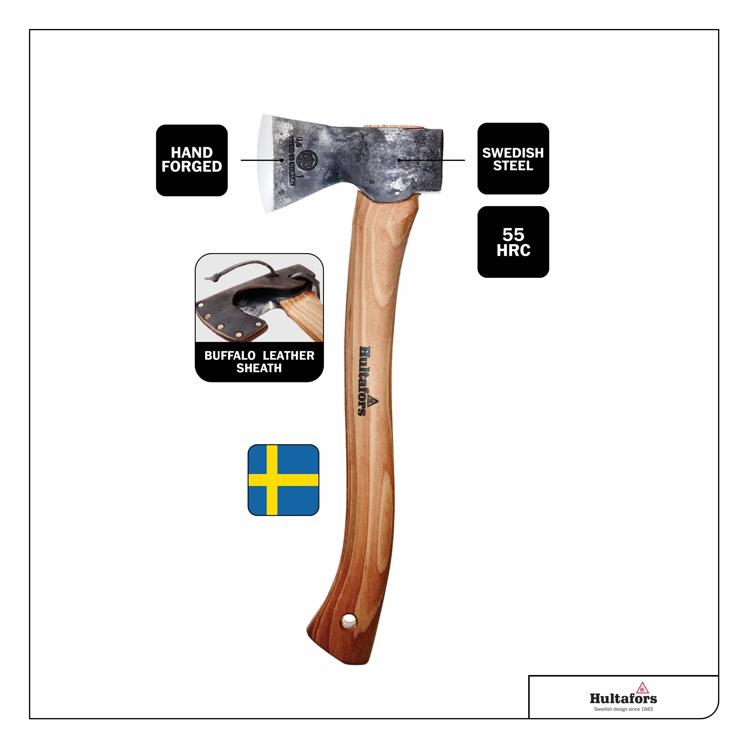 Destral Hultan forjada a Mano de 375mm Hecho de Acero Sueco I Hultafors I Forjado en Suecia I Hacha de 805g con Mango de Madera de Nogal Americano con Funda Protectora de Cuero I Reafilable I 841701