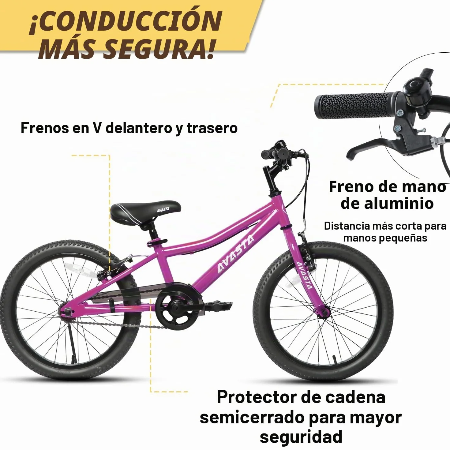 AVASTA Bilbo Bicicleta Infantil de 18, 20 y 24 Pulgadas para niños y niñas de Entre 5 y 14 años, con Manillar y sillín Ajustables, Dos Frenos V-Brake y un Soporte