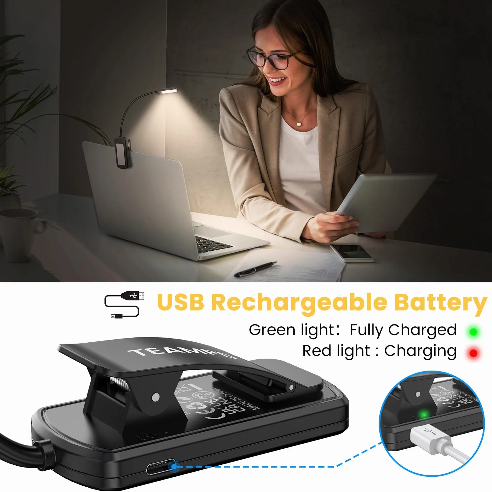 TEAMPD Luz de Lectura USB Recargable, 10 LEDs 3 Colores Atenuación Continua, 360° Flexible con Clip