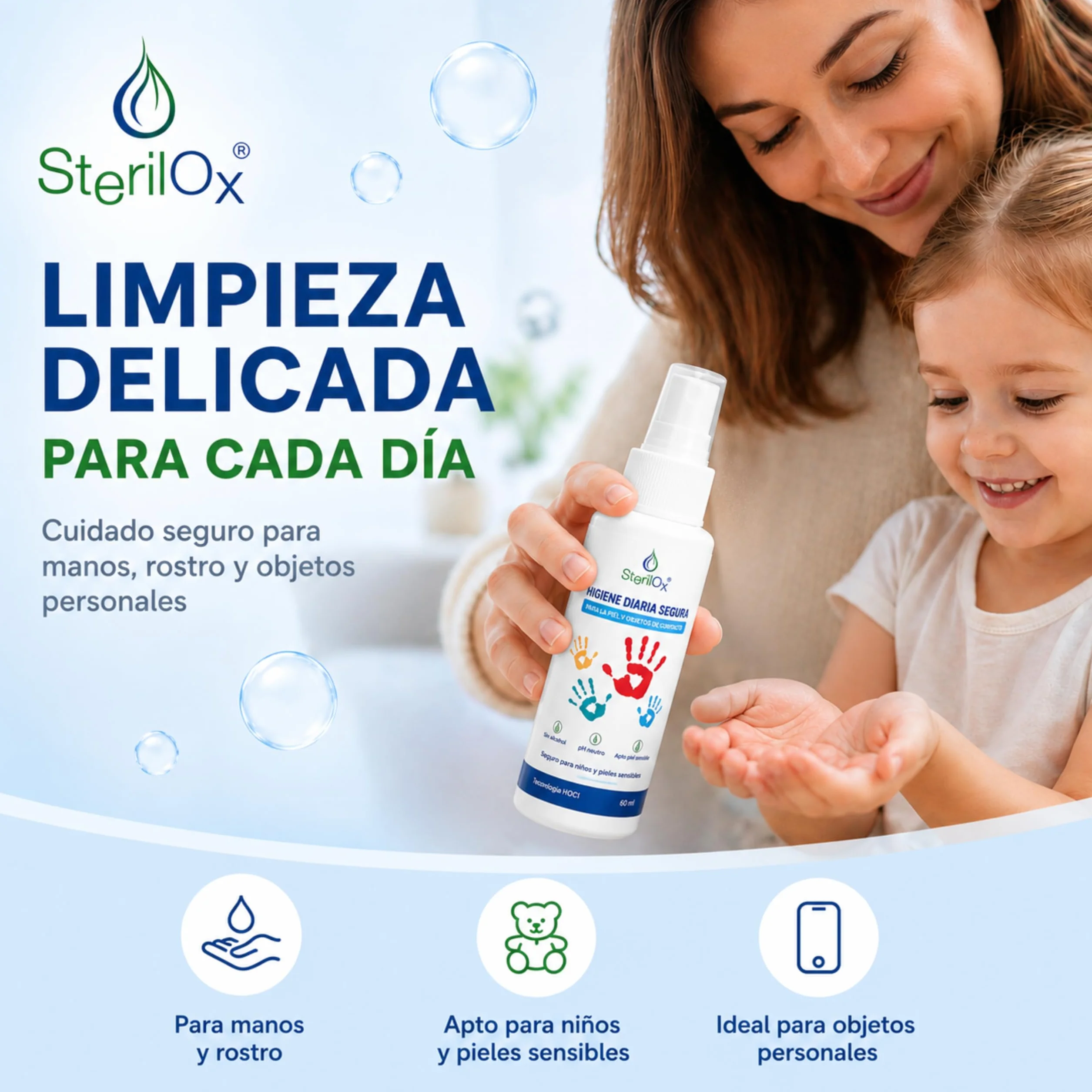 Spray Cosmético Antiseptico 60 ml con Ácido Hipocloroso, Sin Alcohol, Sin Perfume, Seguro para Niños y Mascotas