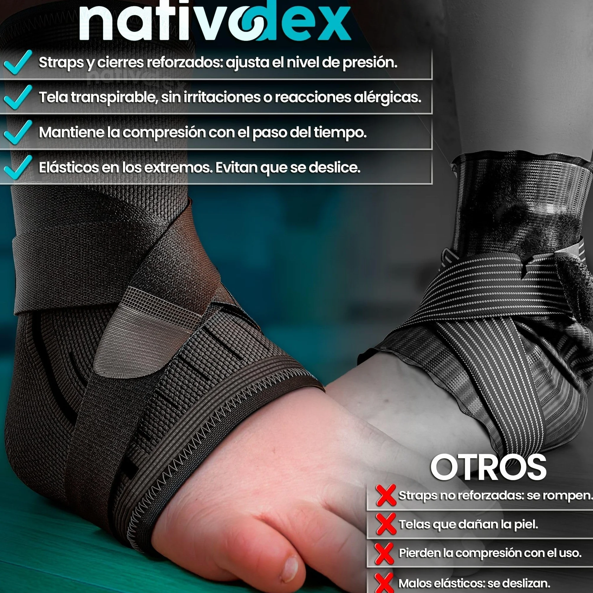 NativoDex Tobillera Deportiva con Ajuste Personalizado para Estabilizar y Prevenir Torceduras, Soporte y Compresión para Ambos Pies