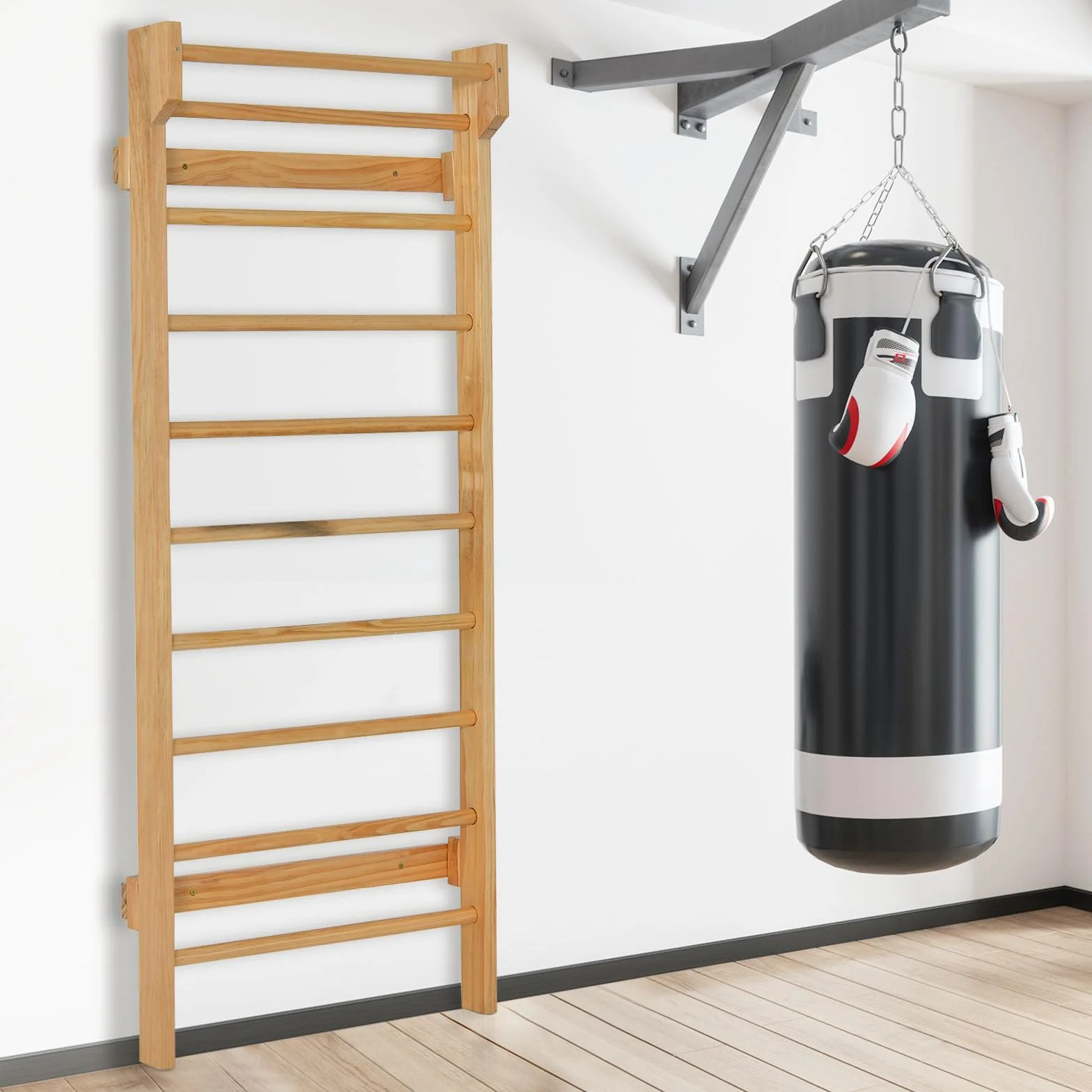 HOMASIS Barra de pared de madera sueca, Escalera de gimnasio interior, Pared de escalada 100 kg 81x14x195 cm Natural