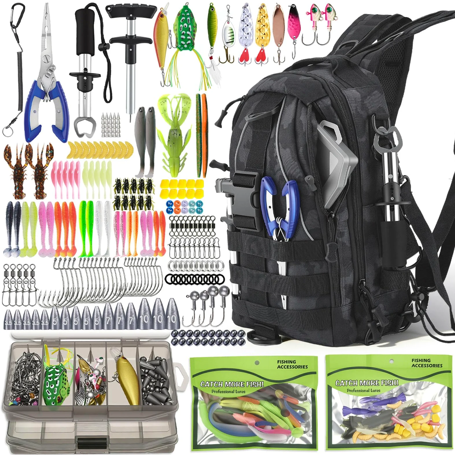 Mochila de pesca impermeable 40L con cajas, juego de 208 piezas, incluye cebo, pinzas, removedor de anzuelos y agarre de labio
