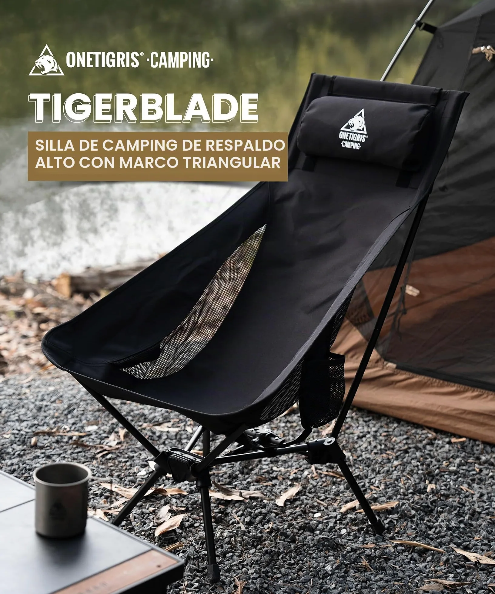 OneTigris TIGERBLADE Silla de camping plegable con respaldo alto, 170 kg, silla plegable para camping, ligera, marco triangular, silla plegable con 2 bolsillos laterales, silla plegable ultraligera