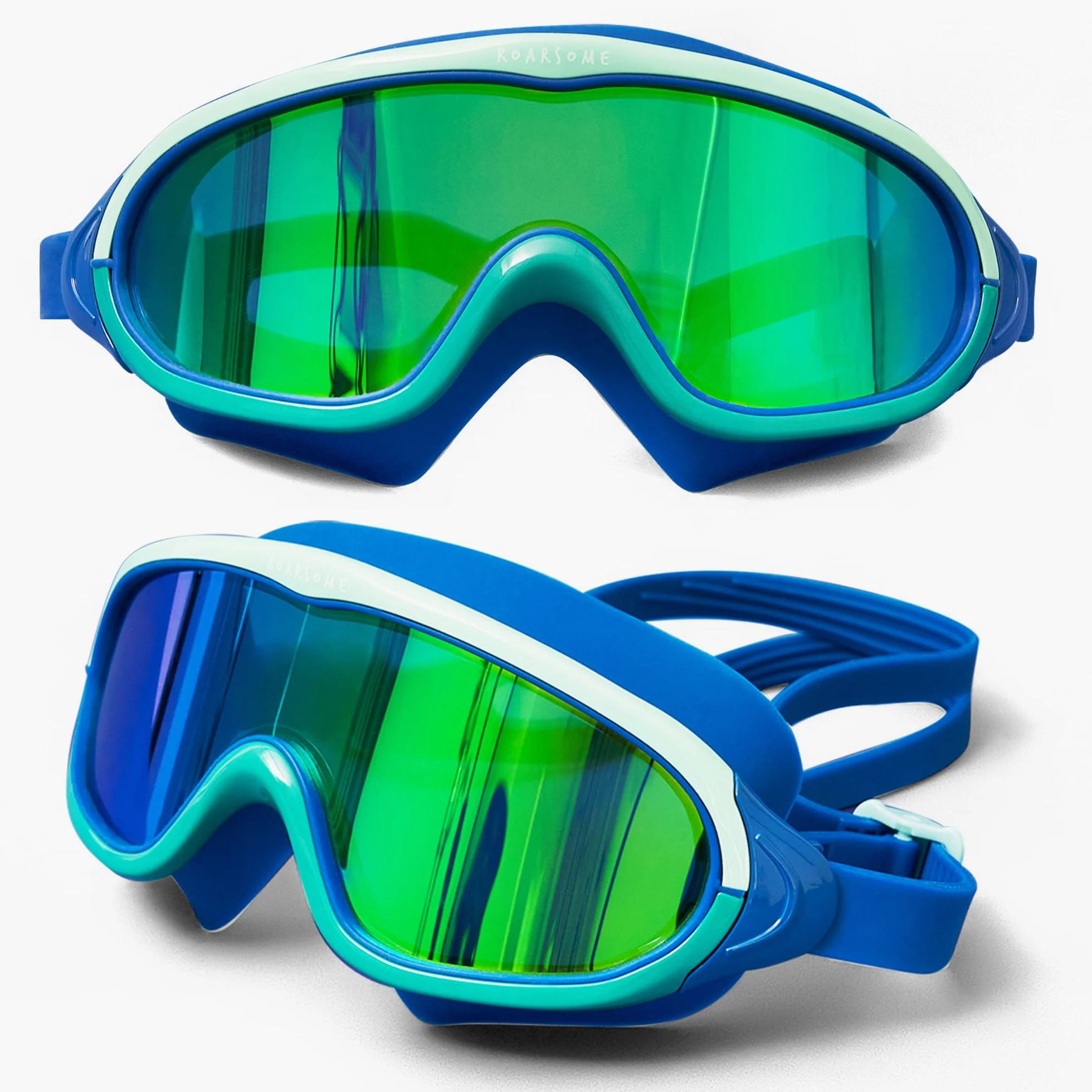 Roarsome Gafas de natación, lente de visión ultra ancha, antivaho y protección UV, ajuste de silicona suave, diseño a prueba de fugas, correa ajustable, unisex, talla única, ideal para piscina, océano