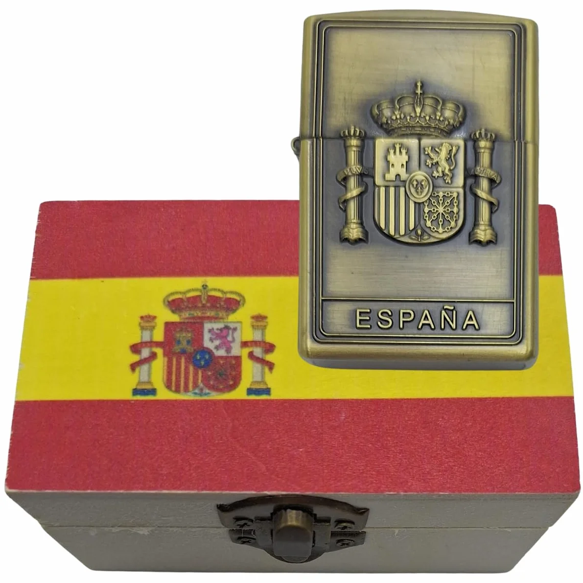 Mechero Recargable Dorado Escudo España Escena Taurina Cajita Madera Bandera España