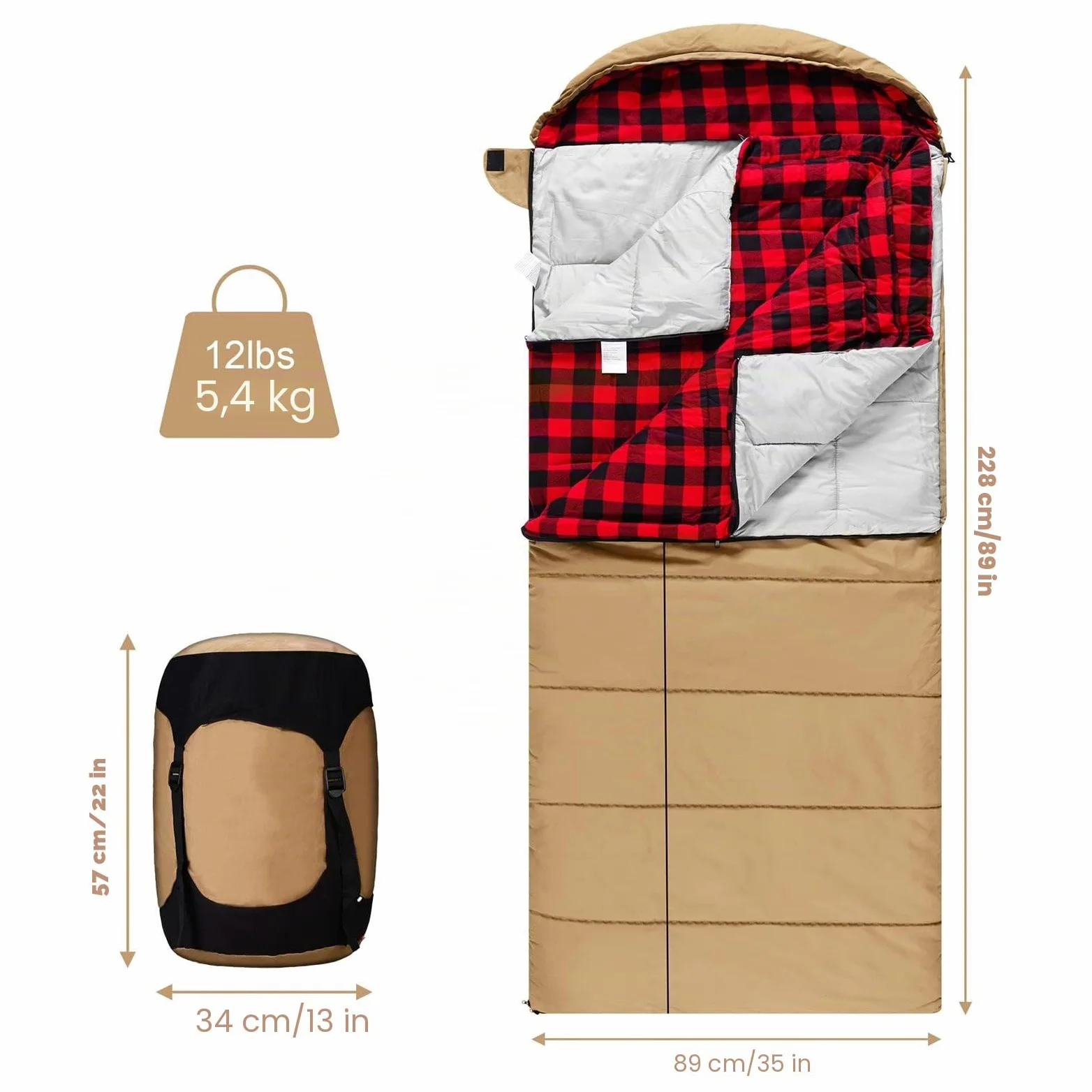 Saco de Dormir de Lona de Invierno de 0 Grados para Pesca, Caza, Viajes y Camping, Especialmente en Invierno frío al Aire Libre con Forro de Franela extraíble y Bolsa de compresión