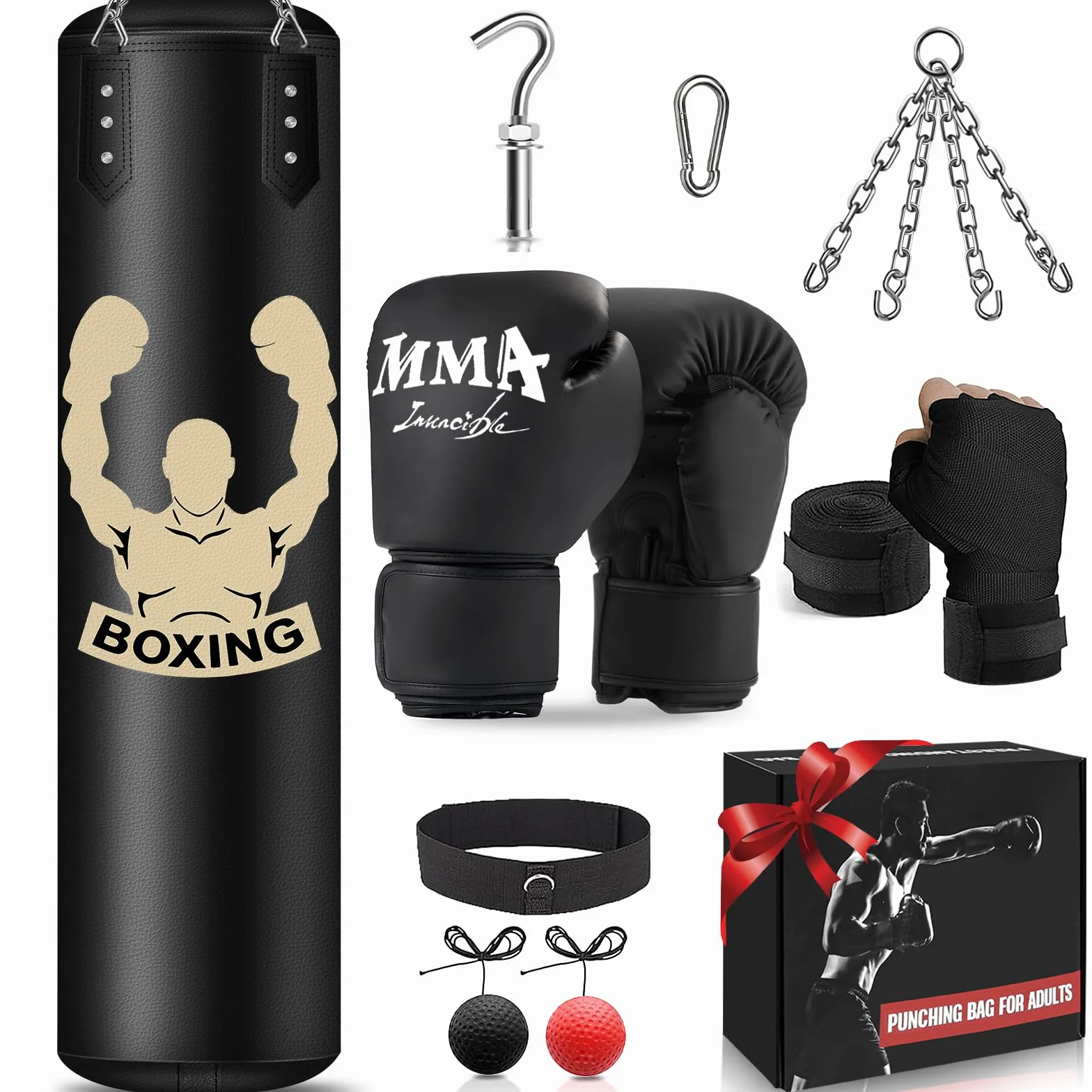 YORWHIN Saco de Boxeo Colgante, Equipo de Entrenamiento de Boxeo con Saco Boxeo Sin Relleno de 120cm, Pelota de Reflejos, Guantes de MMA, Muñequera, Set de Boxeo para Kárate Kickboxing Muay Thai