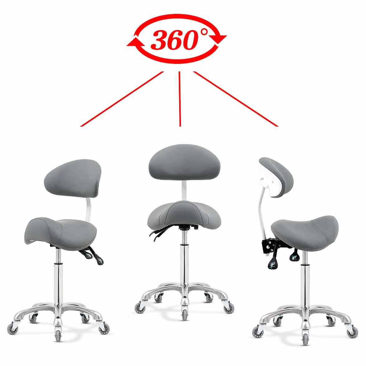 Taburete con Ruedas Dental Tatuaje Esteticista con Soporte para la Espalda Gris