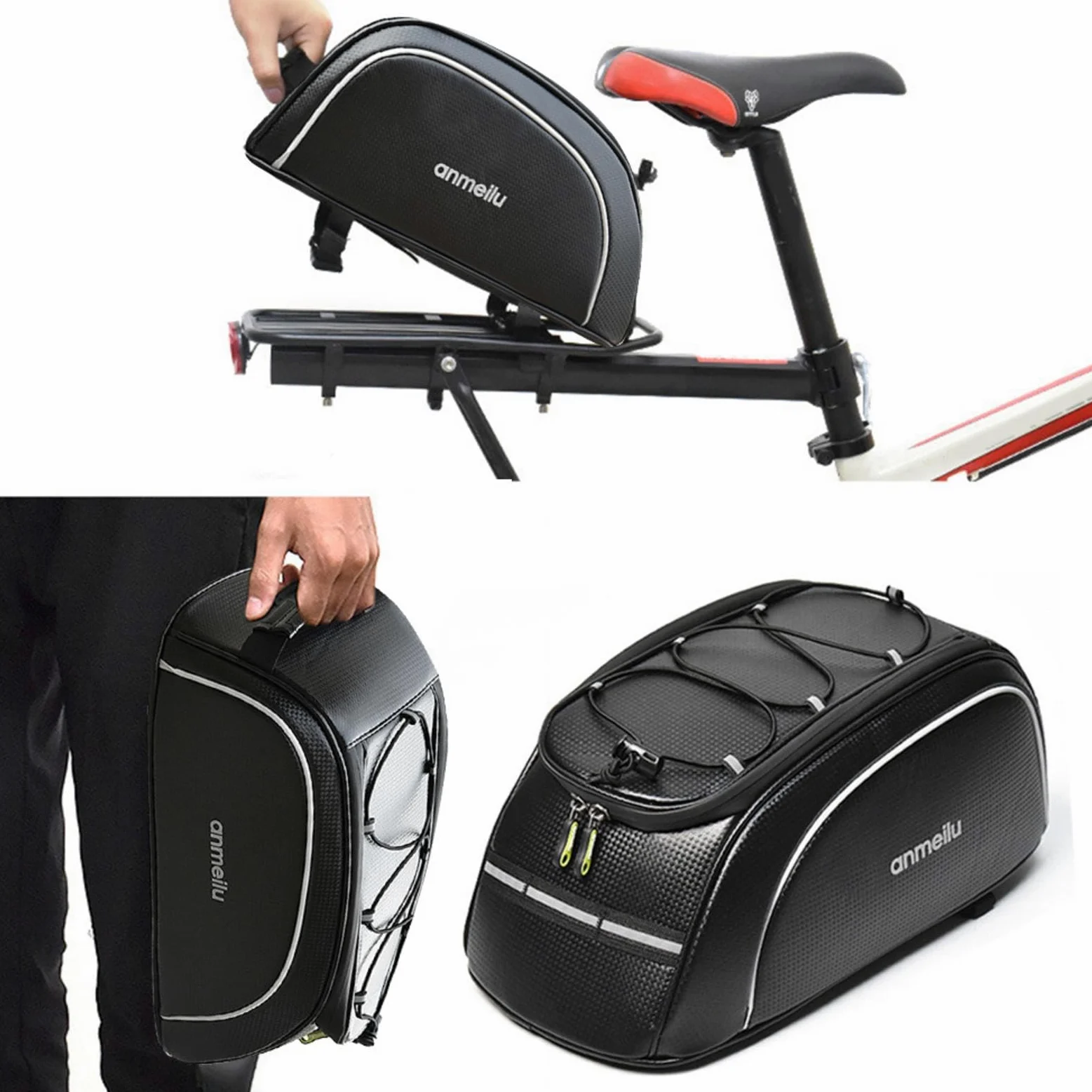 Bolsa trasera para portabicicletas Paquete de baúl de 8L para bicicleta | Bolsas de viaje para bicicletas resistentes al agua con tira reflectante Accesorio de ciclismo para motocicletas
