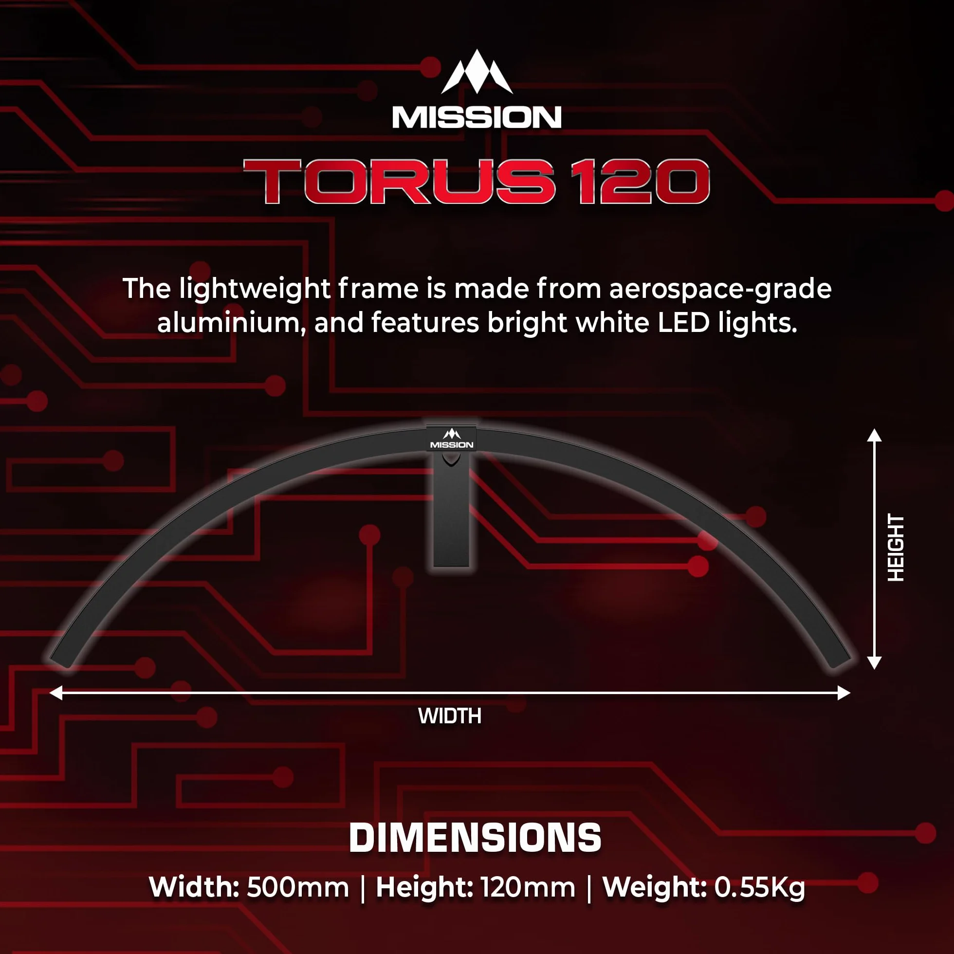 Mission Darts | Torus 120° | LED blanco brillante | Sistema de iluminación de tablero de dardos | Portátil | USB C.