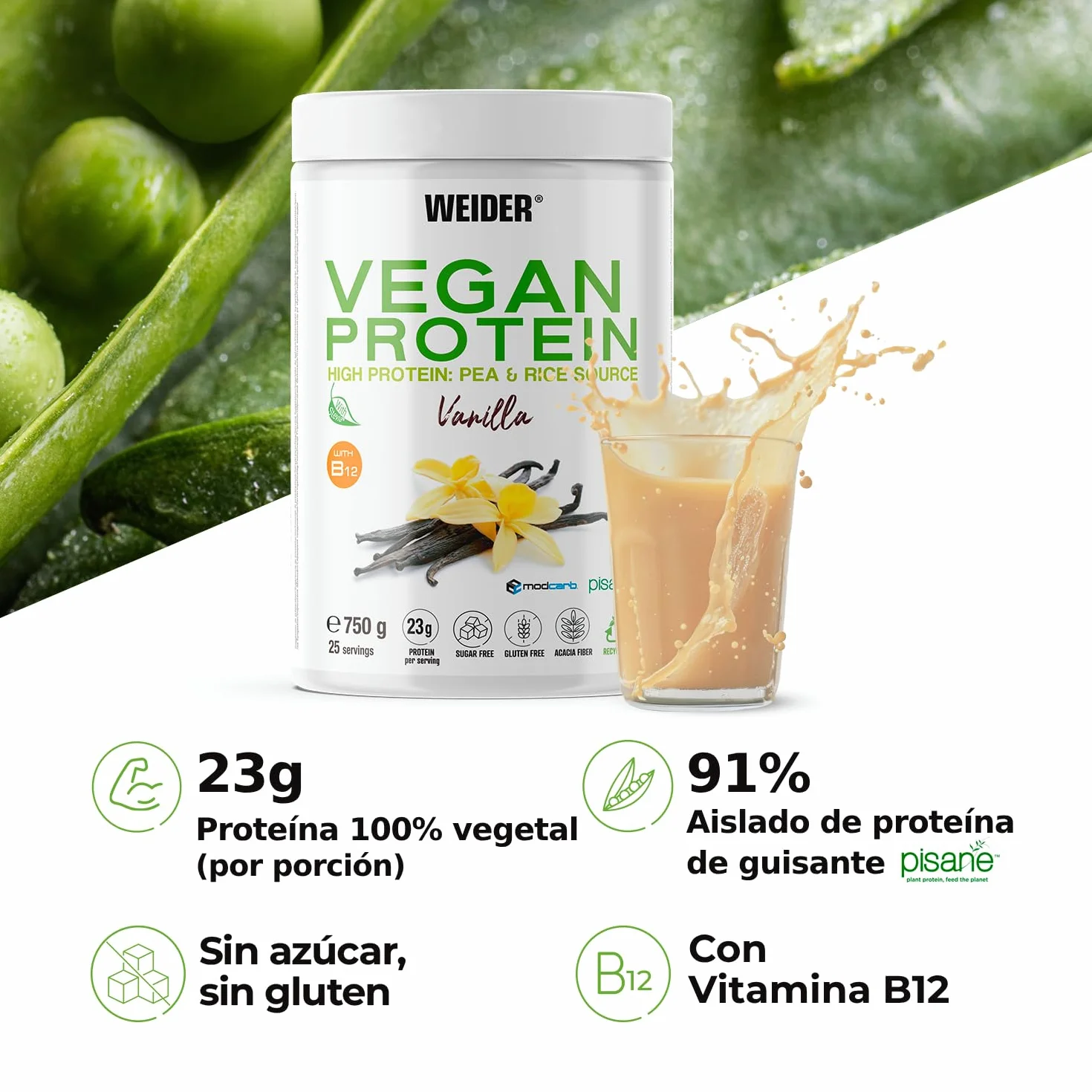 Weider Vegan Protein 750g Vainilla Proteína Vegana 23g Aislada Guisante Arroz Vitamina B12 Stevia Sin Gluten Sin Azúcar
