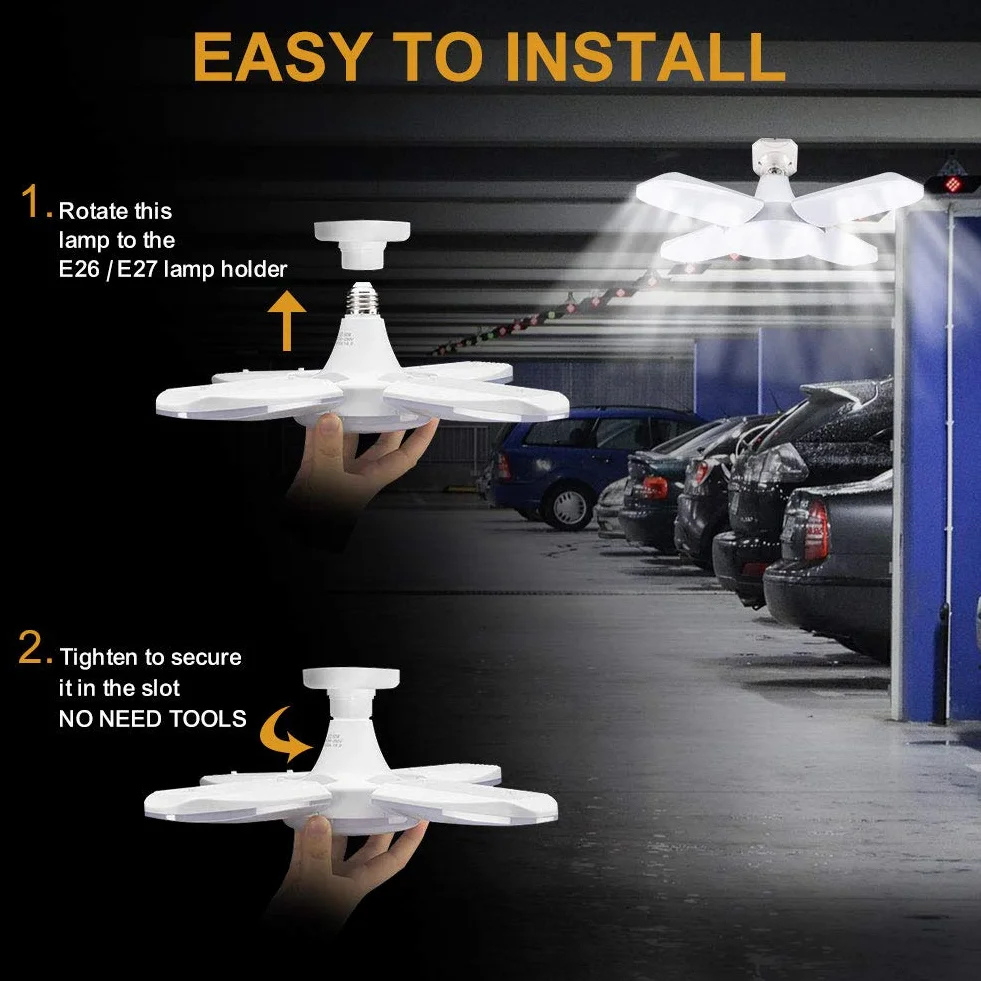 Lámpara de Techo LED 80W 8000LM E27 4 Paneles Ajustables Blanco Frío para Garaje Taller