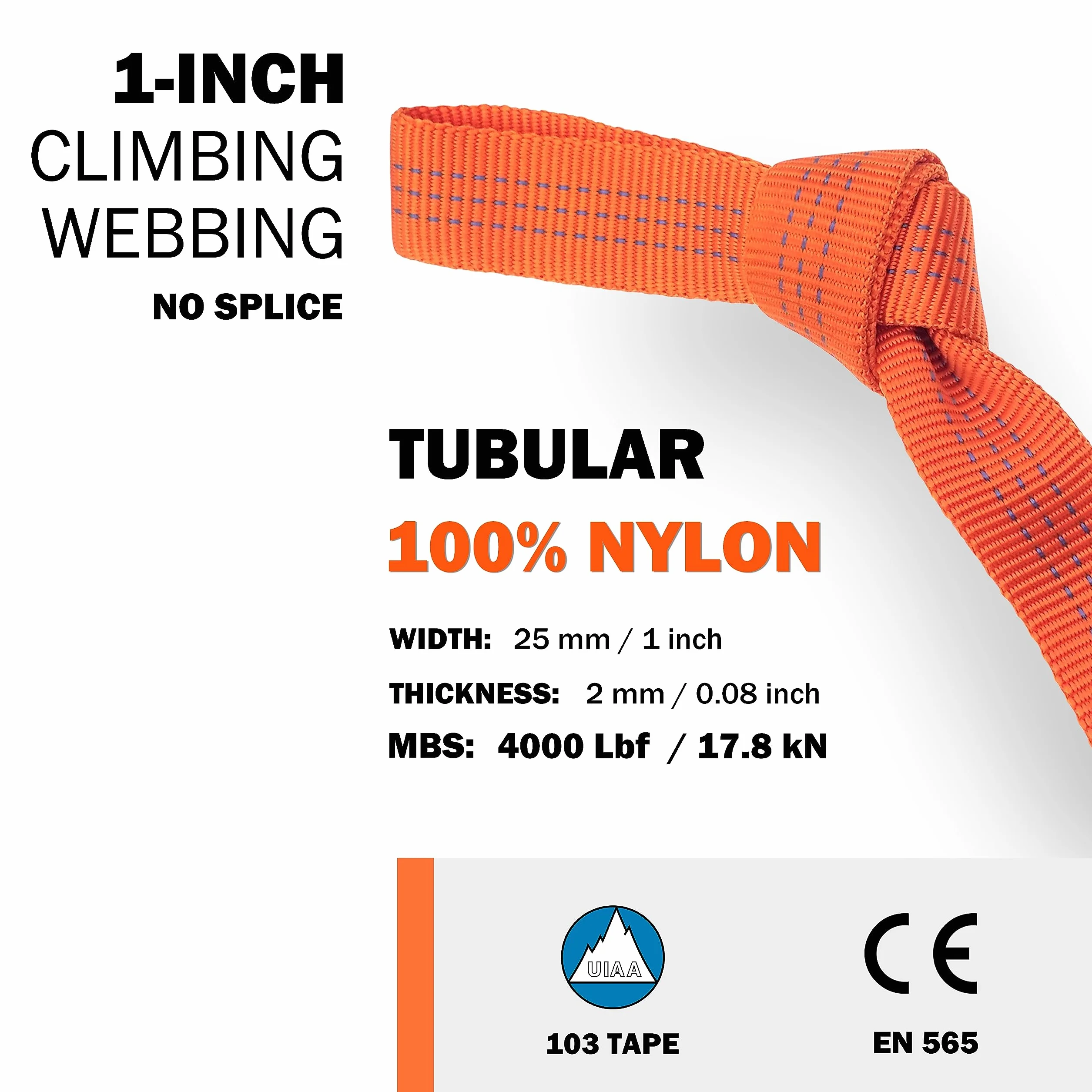 GM Climbing Cinta Tubular de Nailon de 2,54 cm, Certificado CE UIAA, 1814 kg, Resistente, para Escalada, Rescate, Trabajos de Supervivencia, Uso General, 2,5 cm x 9,1 m, Color Naranja
