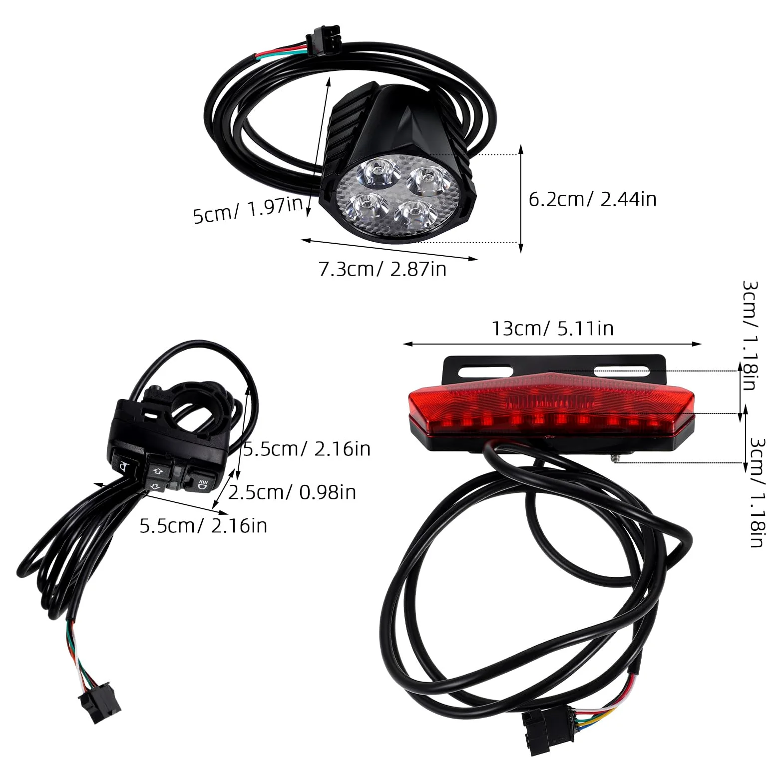 Kit Luces Bicicleta Eléctrica con Luz Delantera Led, Luz Trasera con Intermitentes y Botón Interruptor de Bocina para Señalización y Seguridad en Ciclismo Urbano