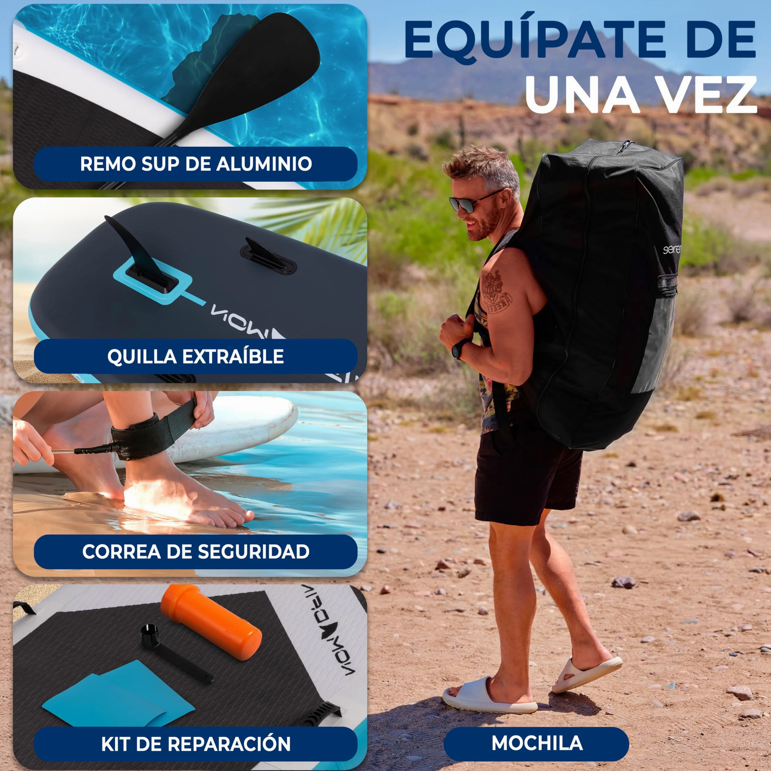 SereneLife Tabla de Paddle Surf Inflable XL, 371 cm, con Almohadilla EVA Antideslizante, Estable, 86 cm de Ancho, Accesorios Premium, Capacidad de 200 kg para 2 Adultos y 1 Niño