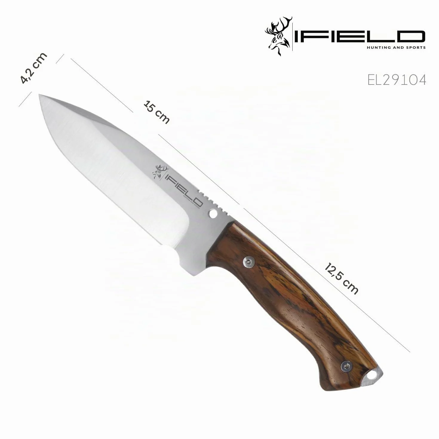 iFIELD Cuchillo de caza deportivo Workout EL29104, hoja de 15 cm MOVA satinado, funda de piel marrón con pedernal y piedra de afilar, herramienta de camping para pesca, caza, actividad deportiva