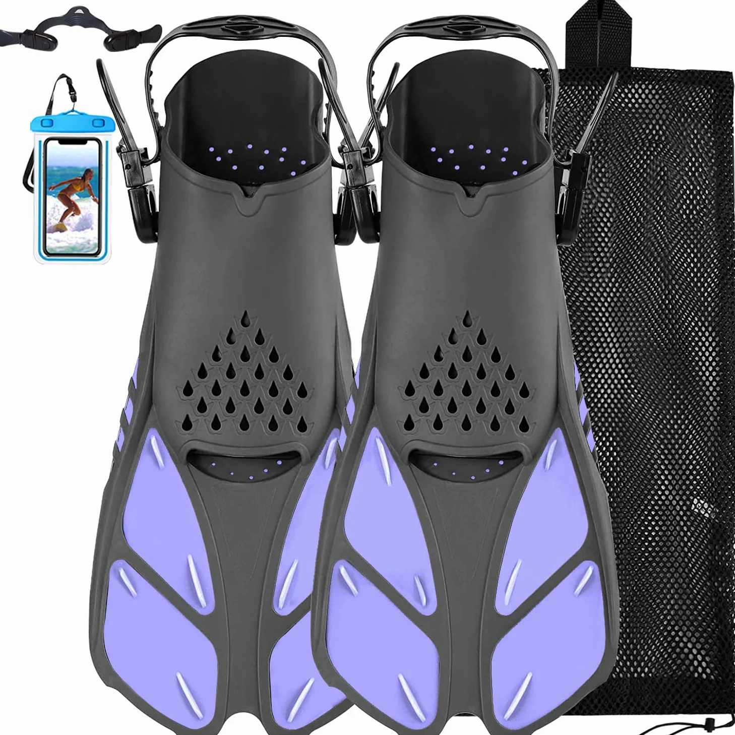 Aletas de esnórquel, aletas de natación de tacón abierto, ajustables, aletas cortas de tamaño de viaje con bolsa de malla para esnórquel, buceo, natación, adultos, hombres, mujeres, niños,