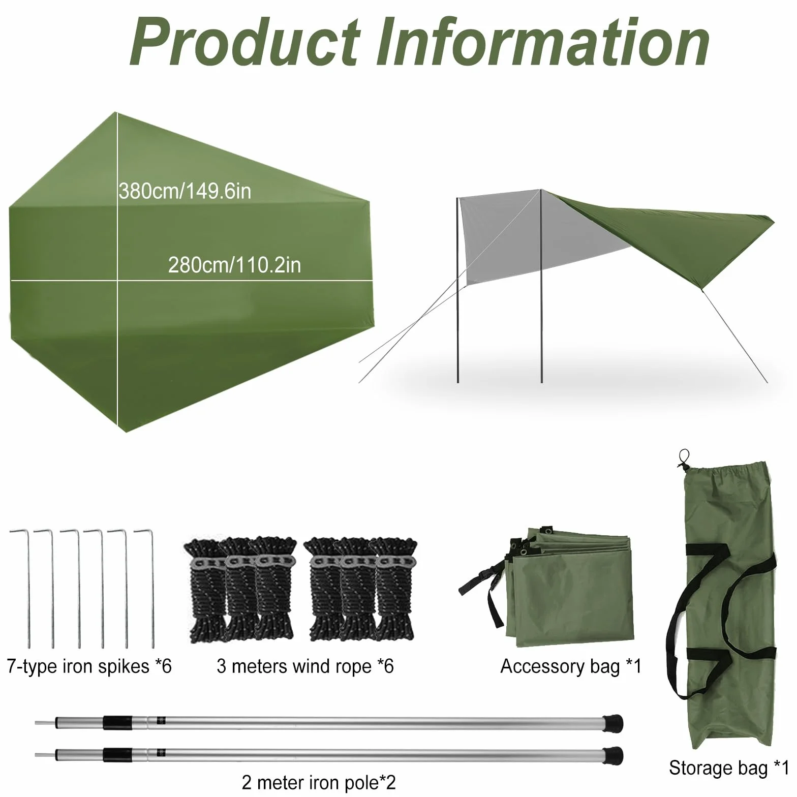 Toldo para Coche, Universal Toldo para Portón Trasero de Coche 380x280cm, Impermeable Toldo Parasol Coche para Auto, SUV, Camping (Verde)