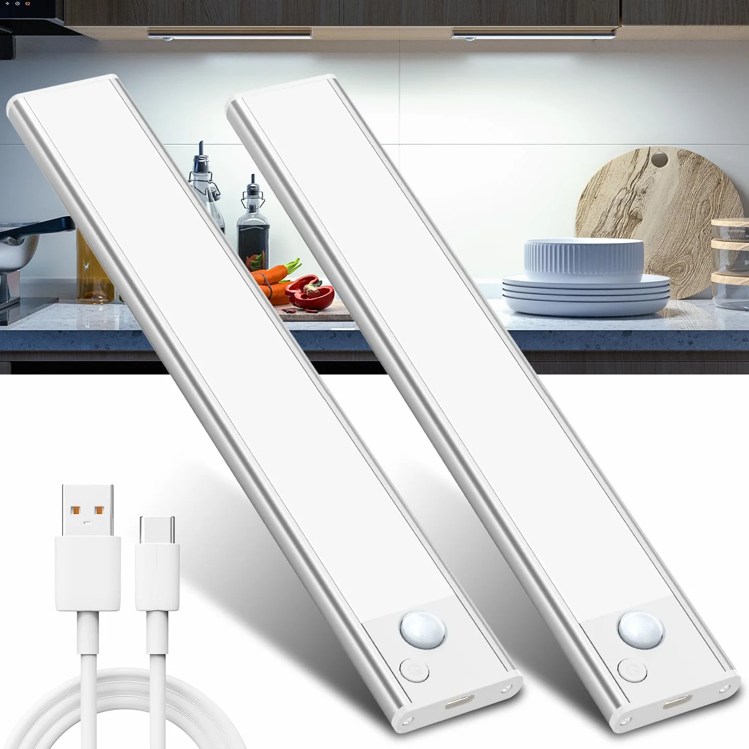 Luz LED Sensor Movimiento Cocina Armario Luces Pilas Adhesiva Recargable Lampara sin Cables Bajo Mueble Interior Tira Lamparas Magnetica Pared Barra Iluminacion Inalambrica USB