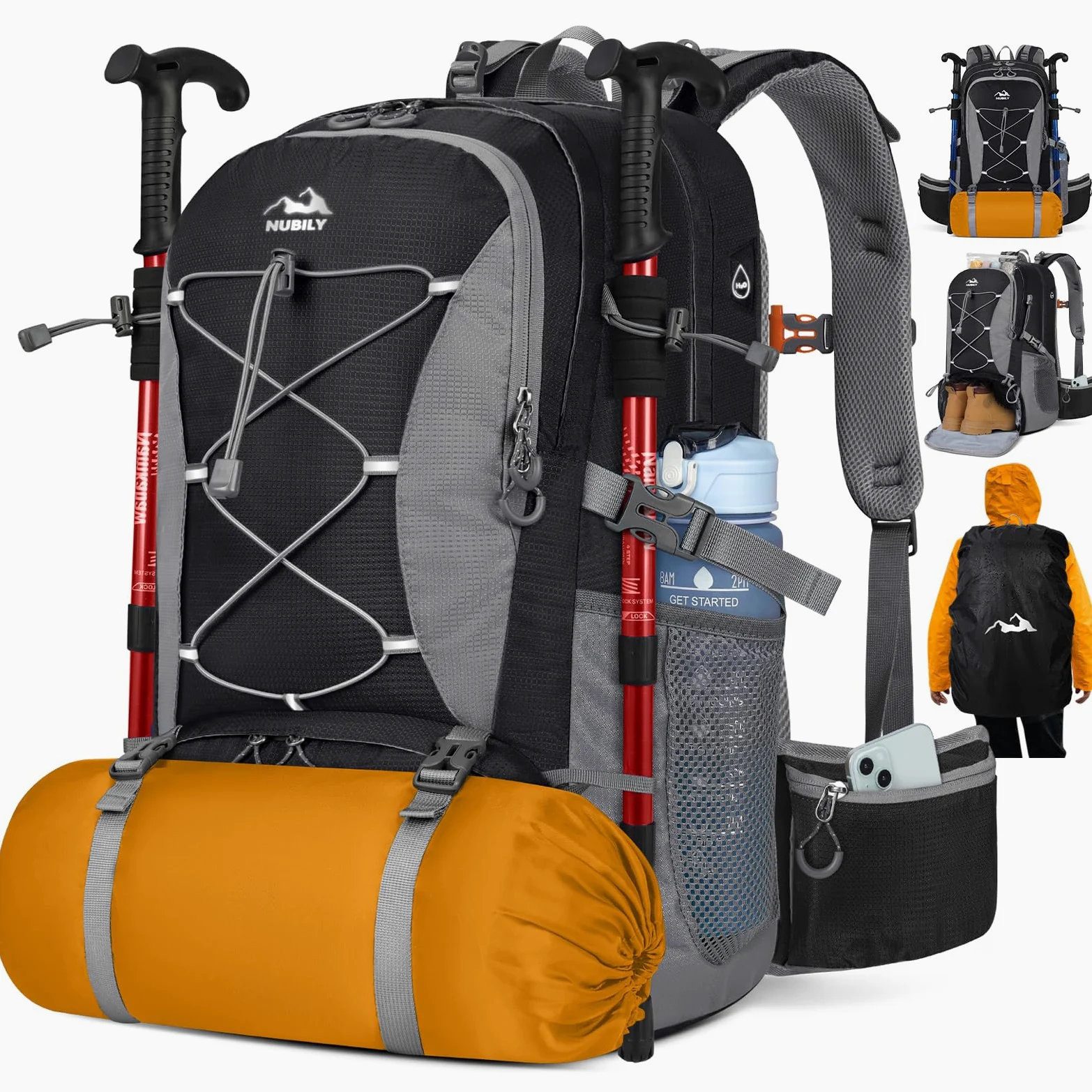 Mochila Senderismo Hombre Impermeable 50L Mochila de Camping Ligera Negro