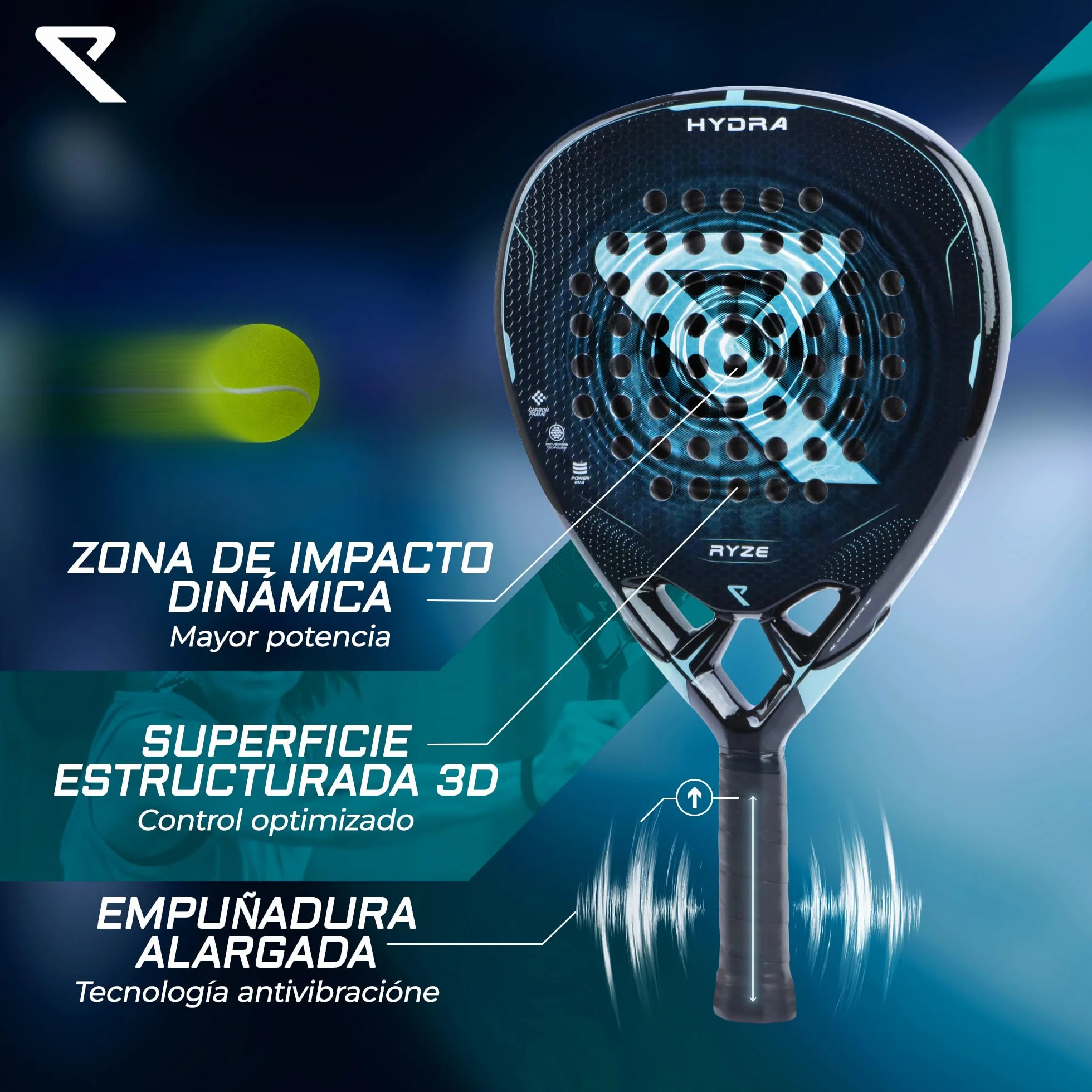 RYZE Hydra Pala de Padel 100% Fibra de Carbono - Máxima Potencia y Control - Raqueta de Padel 365g con Espuma EVA-18 Flex - Unisex Pala de Padel para Hombre y Mujer - Padel Raqueta con Funda Incluido