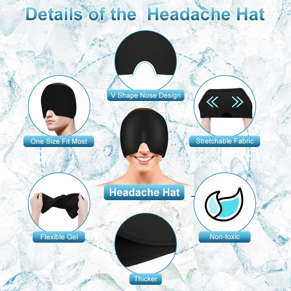 ACWOO Gorro de Gel para Migraña, Frío/Caliente Reutilizable, Alivio Dolor de Cabeza, Negro