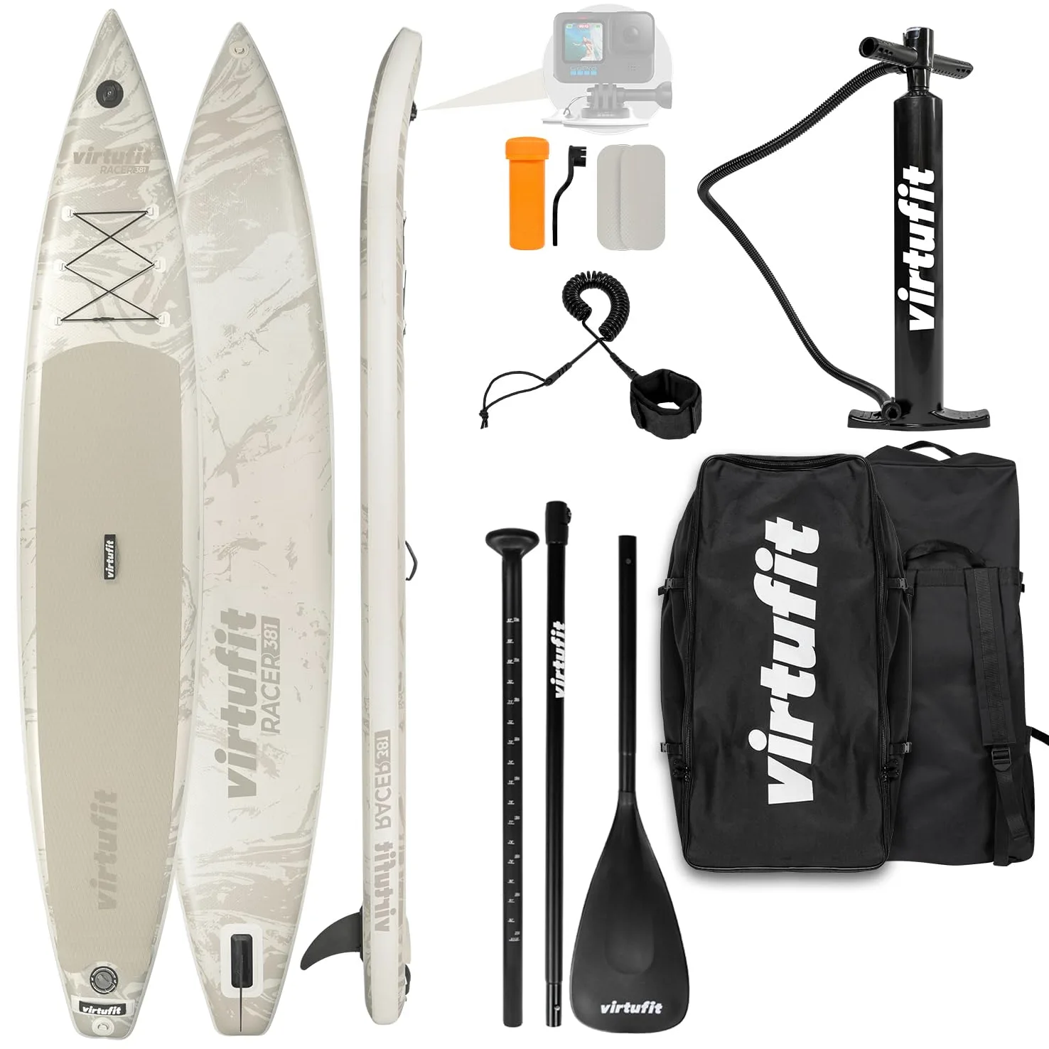 VirtuFit SUP Board Racer 381 - Tabla de surf hinchable (180 kg, 381 x 71 x 15 cm), color beige