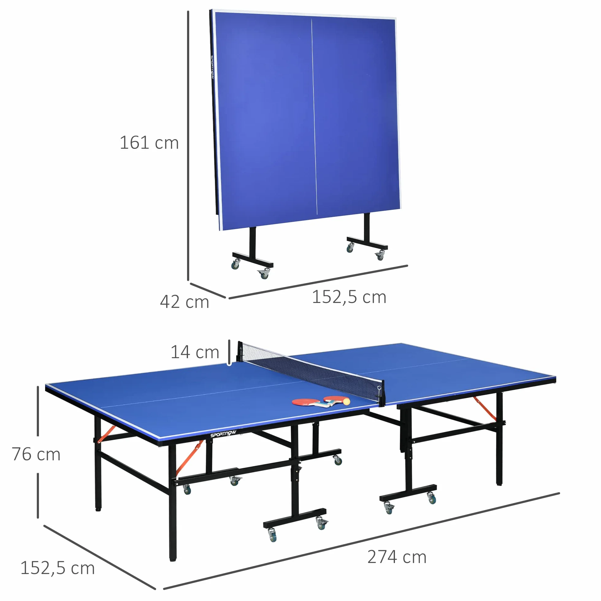 SPORTNOW Mesa de Ping Pong Plegable Profesional Tamaño Estándar con Ruedas 274x152,5x76 cm Azul