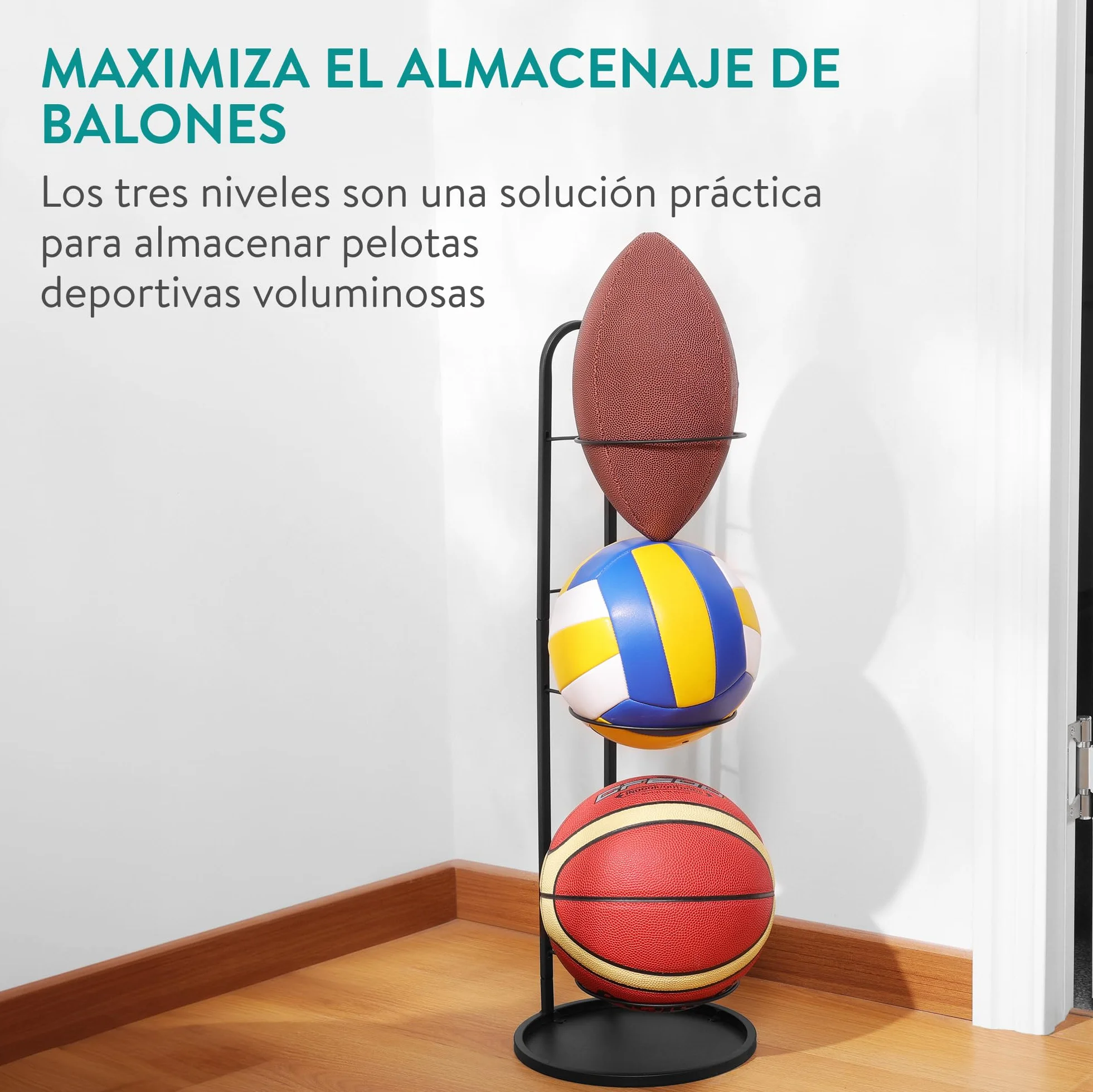 Navaris Soporte Balon Futbol - Soporte Balones Futbol Voleybol Balonmano Baloncesto - Soporte para 3X Pelotas para Garajes Gimnasio Pabellon Colegio Fisioterapia Rehabilitación