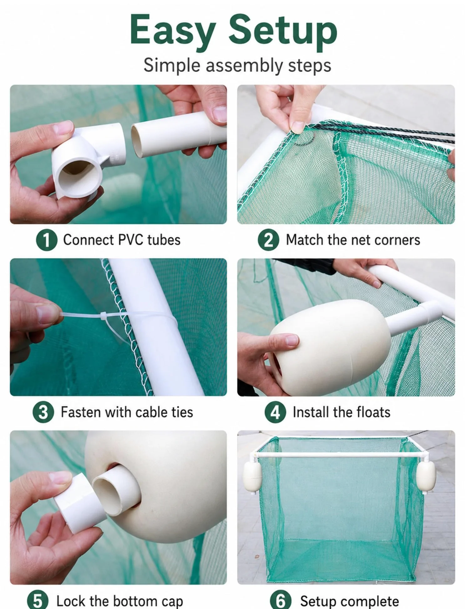 Red Flotante para Peces con Tapa, Malla de 3 mm y Malla Superior de 8 mm | Marco de tubo de PVC for cesta de peces de una o doble piso, flotadores de espuma for estanque