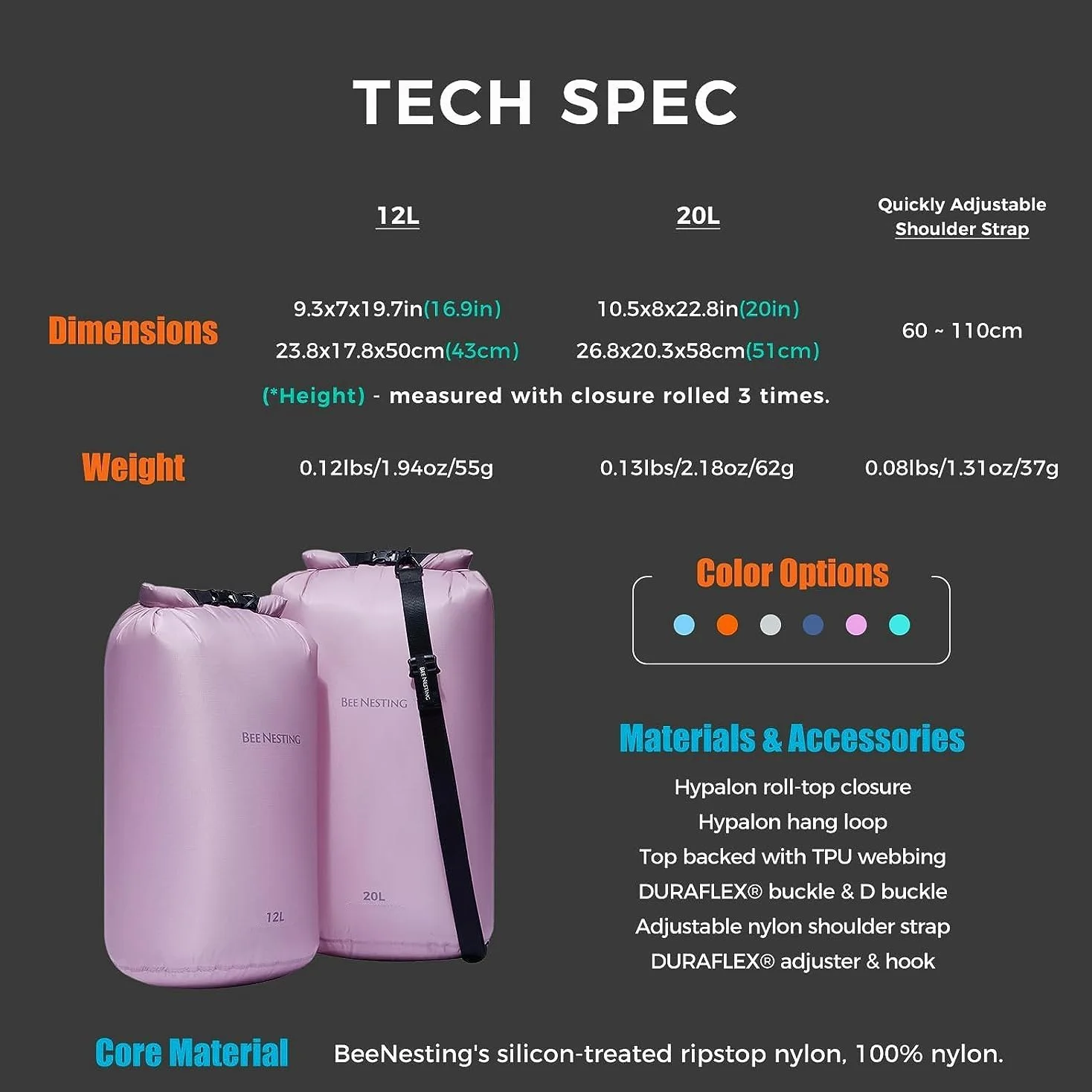 Bee Nesting Juego de Bolsas secas ultraligeras para mochileros, Saco seco Impermeable para Camping, Senderismo, Motocicleta, Juego de 3 Bolsas Ligeras, Gris, 2L 4L 8L Strap, 12 l y 20 l