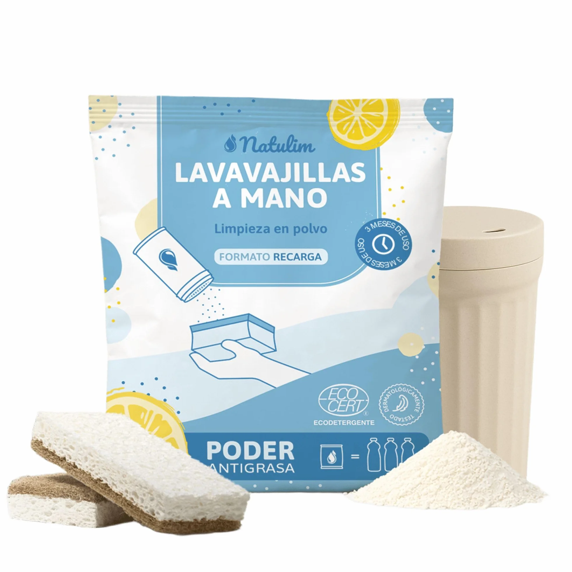 Natulim Pack Lavavajillas a Mano 250g con Dispensador Reutilizable, 2 Esponjas y Sobrecito
