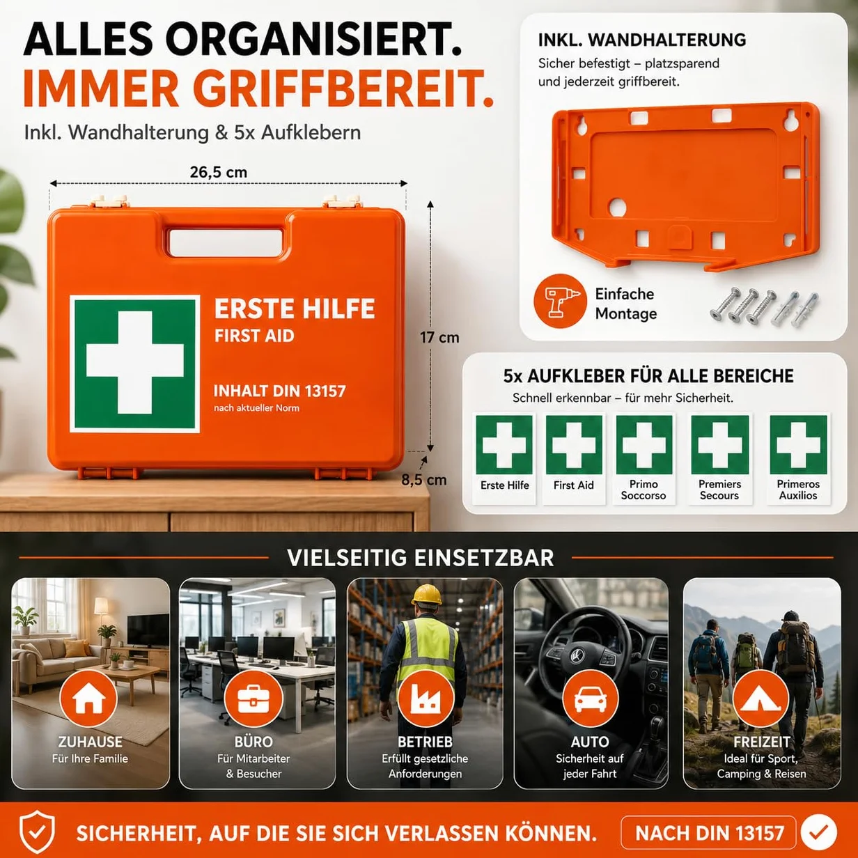 Botiquín de primeros auxilios - Caja DIN 13157 para pared, hogar y empresa - y 5 pegatinas - botiquín de primeros auxilios naranja - incl. montaje en pared