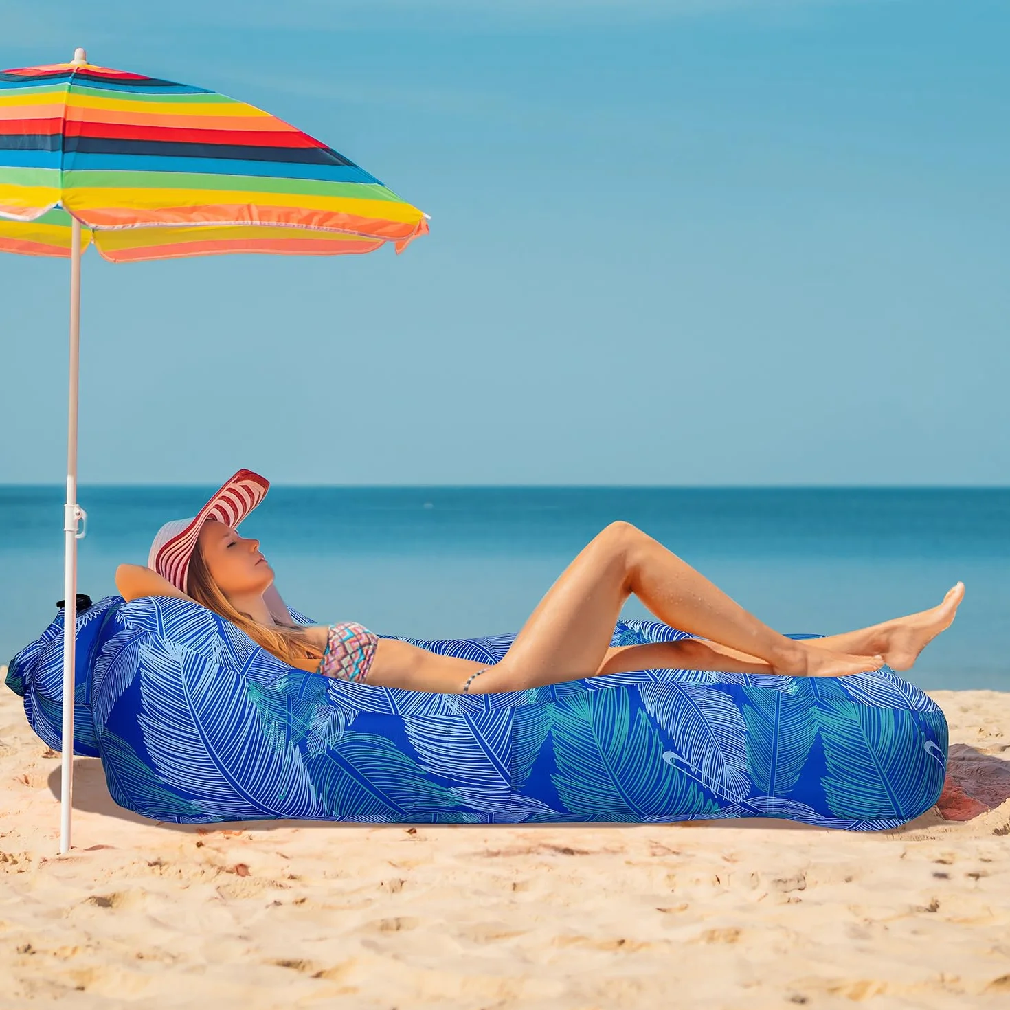 Tumbona inflable ligera y portátil, con respaldo de malla, sofá impermeable para acampar, playa, piscina, festival de música, azul Klein