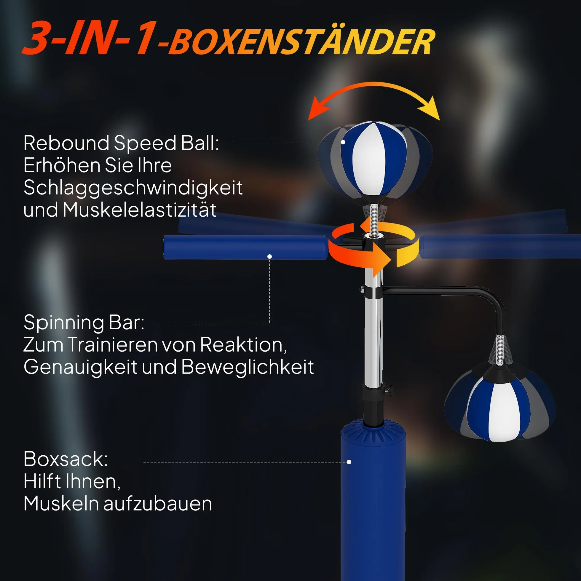 SPORTNOW Boxsack freistehend 140-205cm aufblasbarer Standboxsack mit Pumpe, Saugfuß 2 Reflexsbälle Punchingball Set höhenverstellbar Kickboxsack Speed Ball für Erwachsene Jugendliche Krafttraining